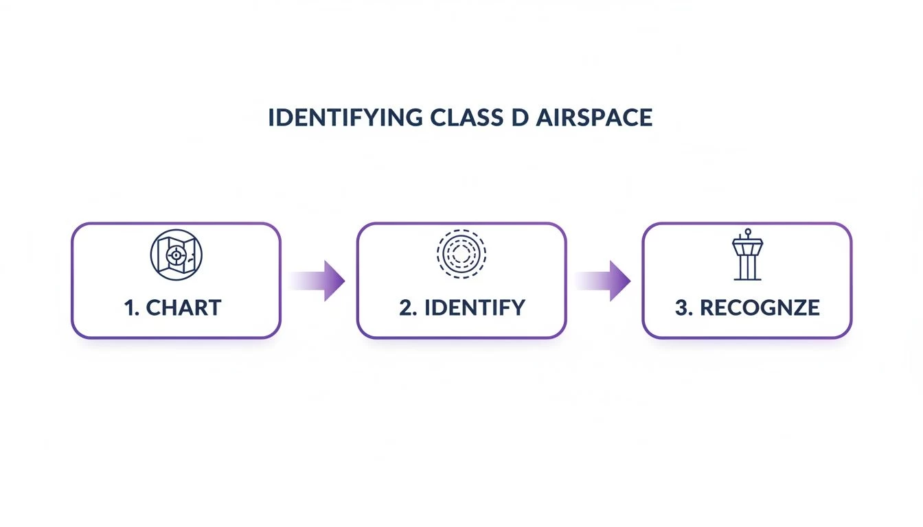 Diagram illustrating three steps to identify Class D airspace: chart, identify, and recognize with icons.