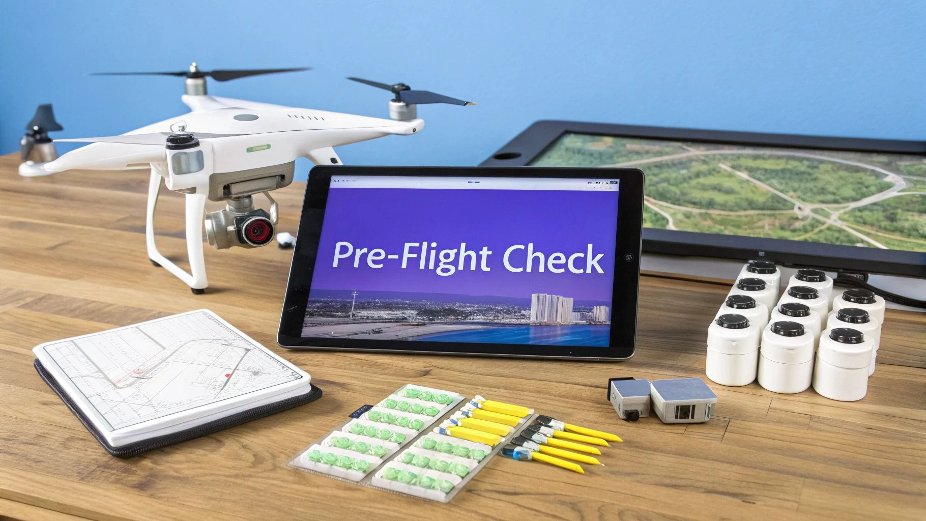 A drone, tablet displaying 'Pre-Flight Check', map, and other accessories on a wooden desk.