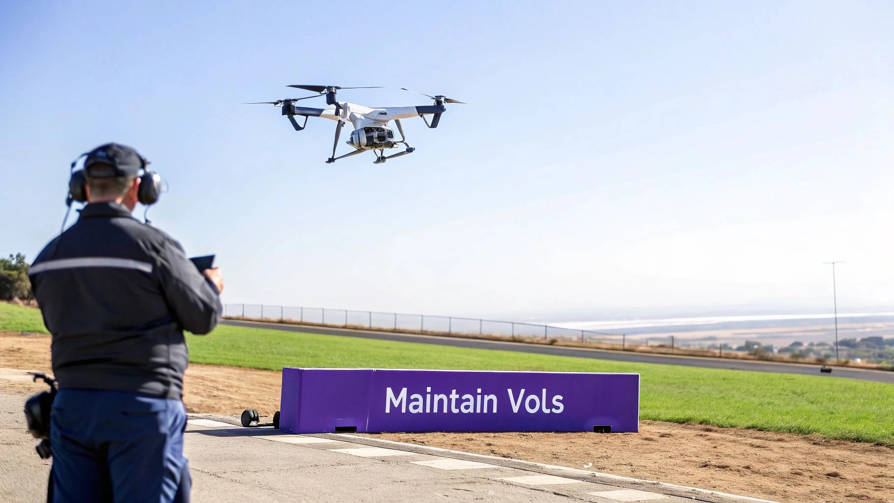 A person in headphones operating a white drone over a purple 'Maintain Vols' sign on a sunny day.