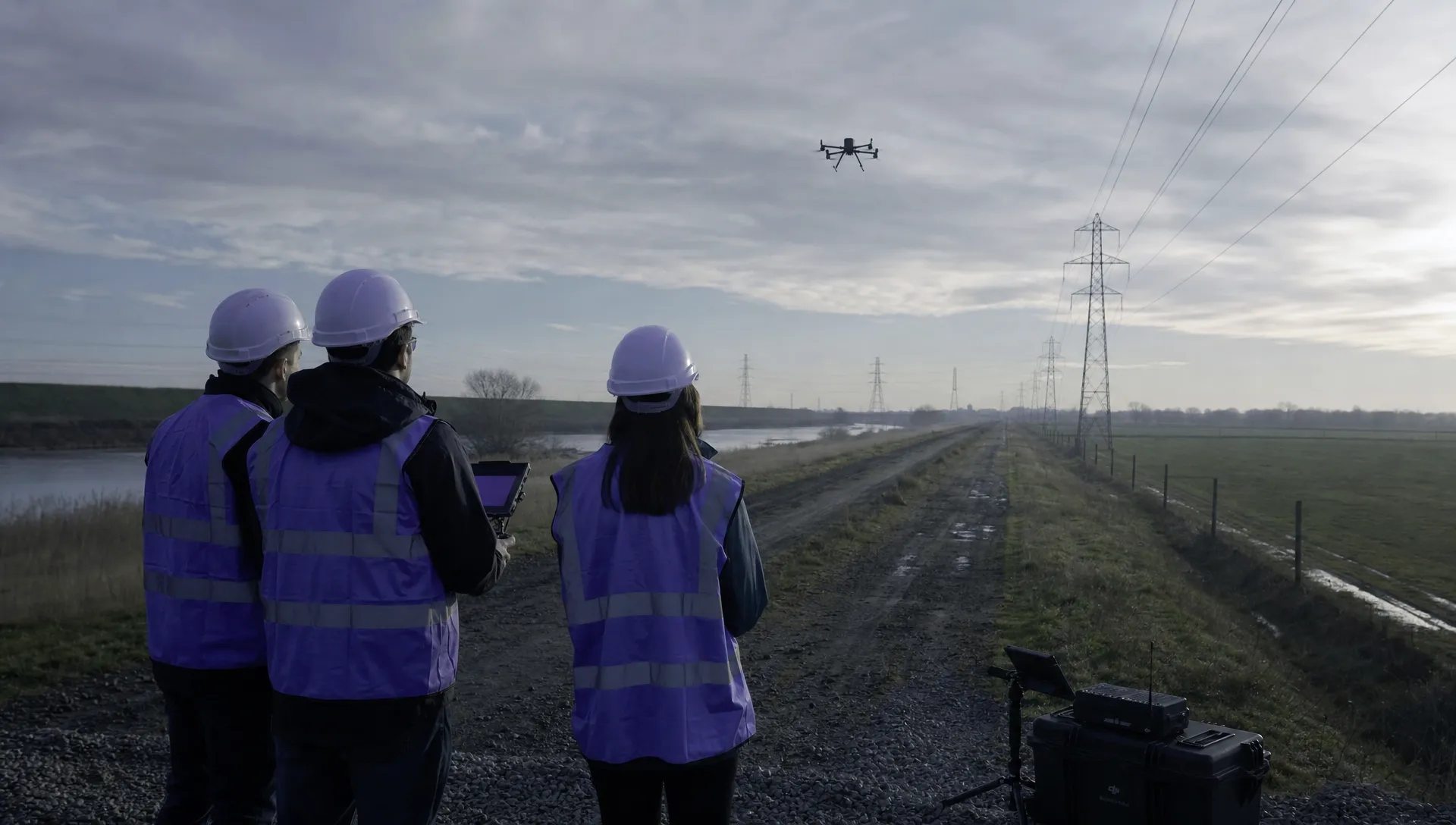 A DJI Matrice 350 RTK style drone flies far ahead over a rural infrastructure corridor while a small survey crew stands back from the launch area.