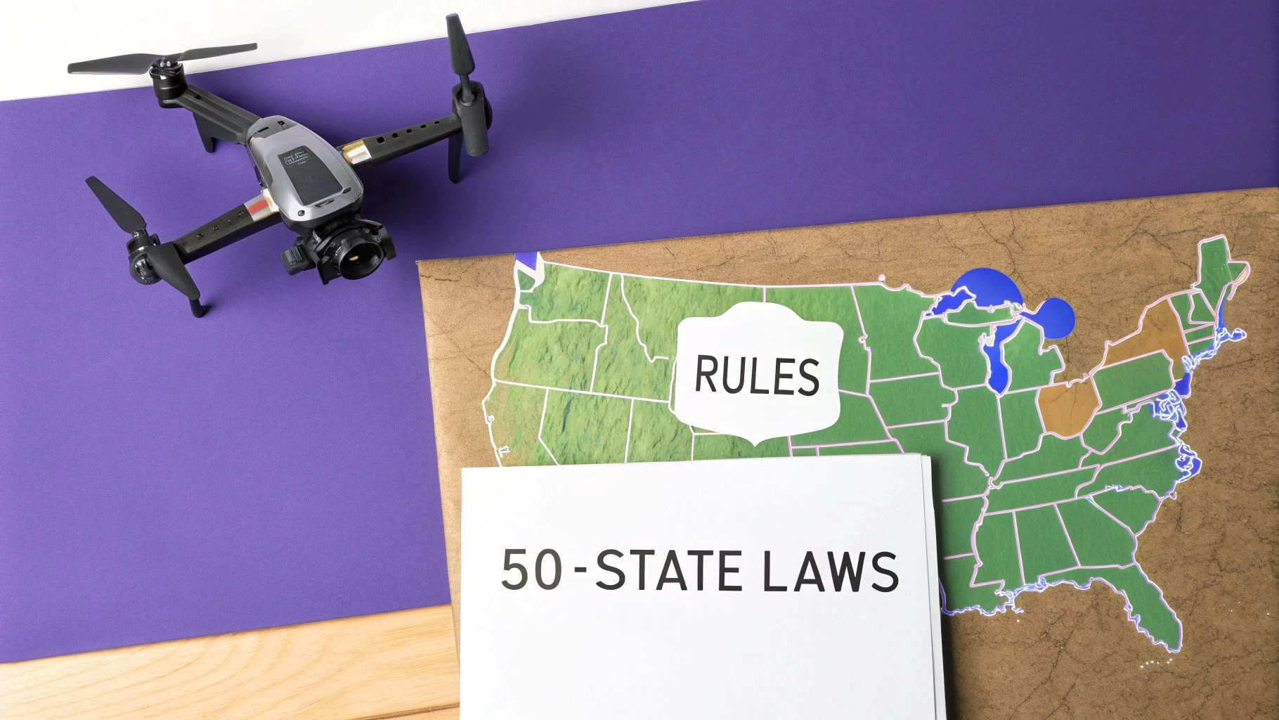 A drone flying over a diverse landscape, representing the state-by-state nature of drone laws