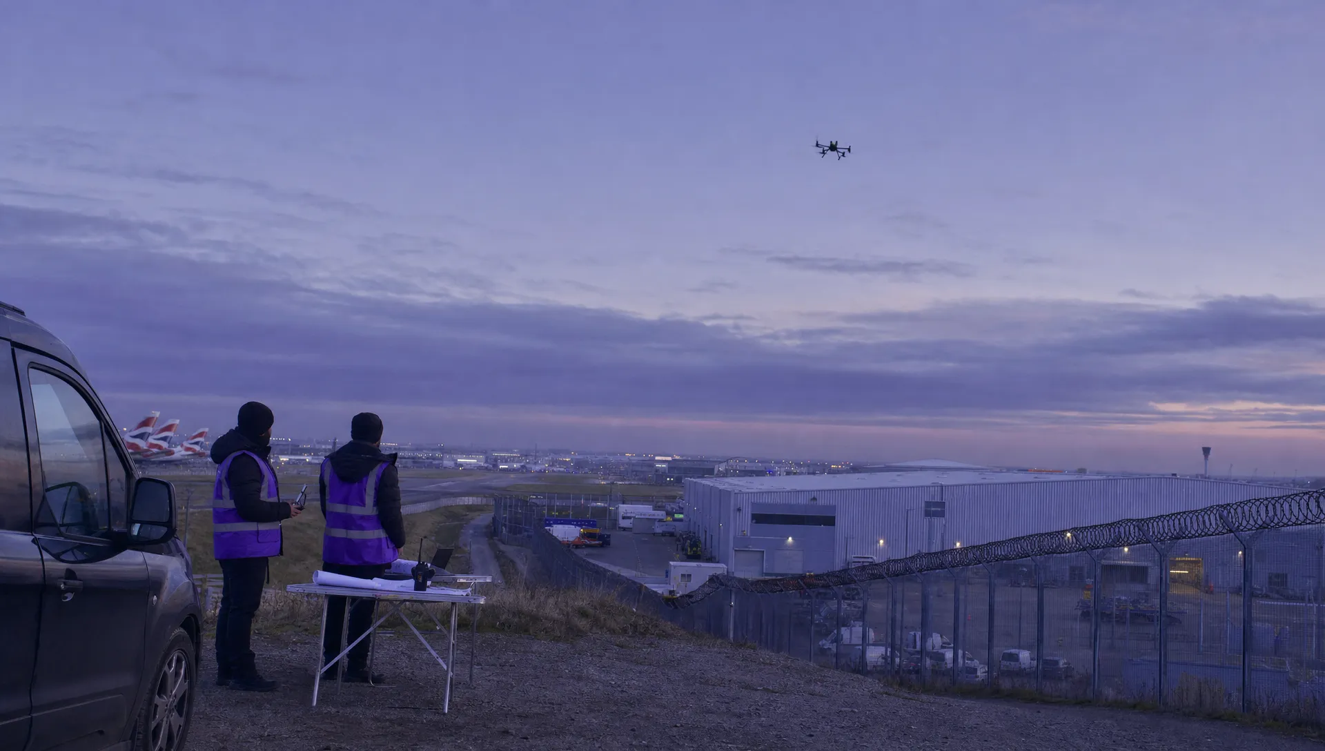 A DJI Matrice 350 RTK flies over an industrial site near airport buildings while a crew reviews the repeat inspection plan below.