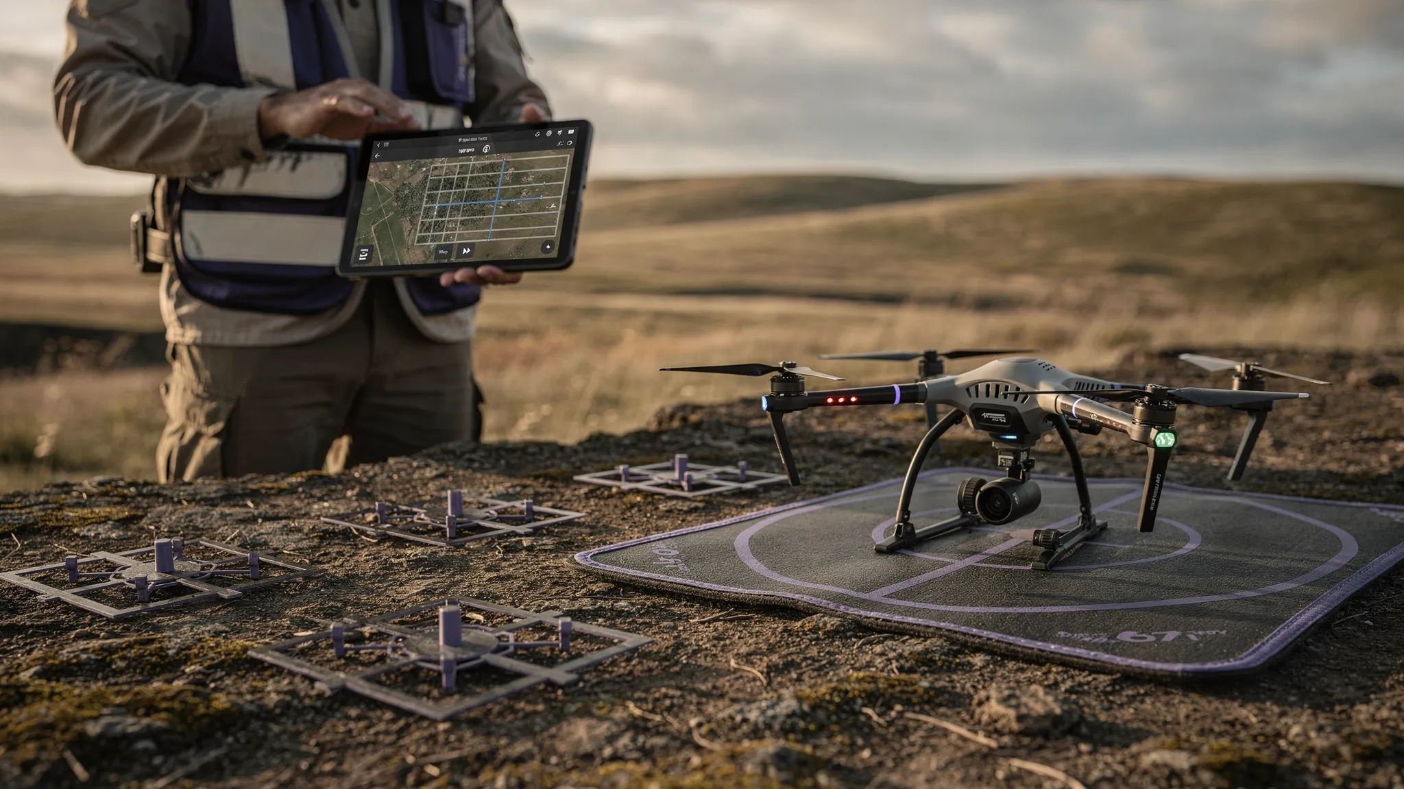 Low-angle view of operators setting up a survey: ground control markers placed in open terrain, a drone sitting on its launch mat ready for take-off, and a tablet held by the pilot with the planned flight grid visible and facing the operator.
