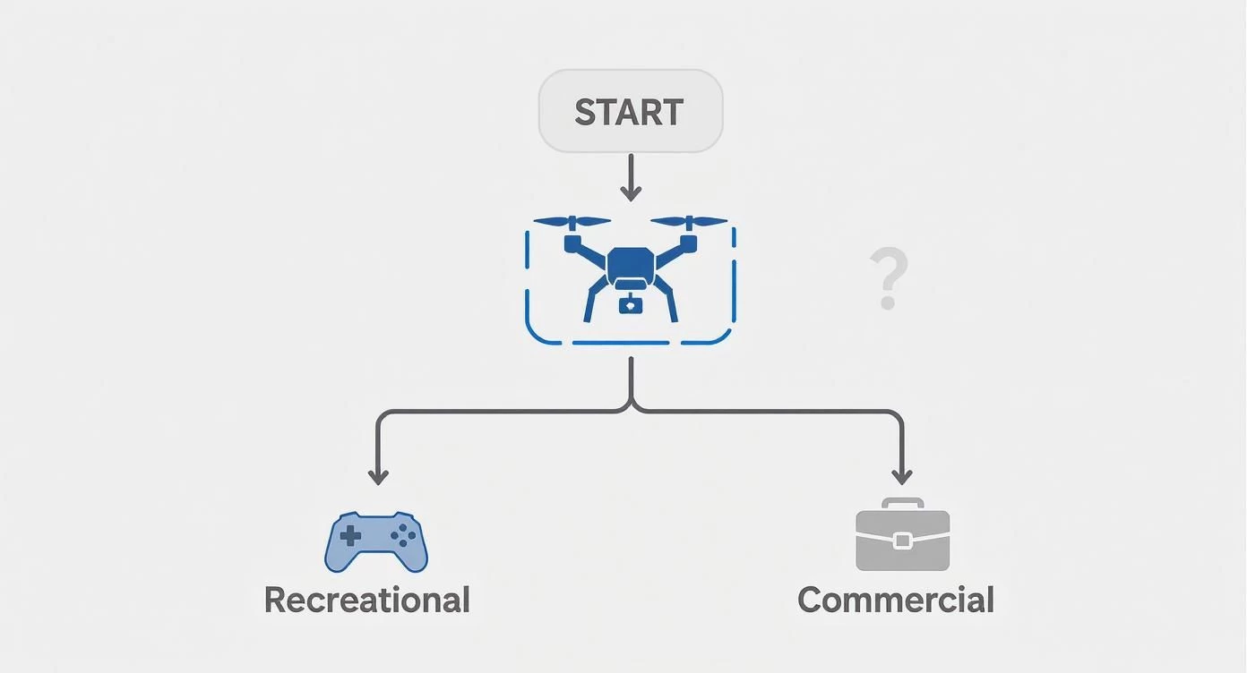 A flowchart illustrates drone usage, starting with a drone, branching into recreational and commercial categories.