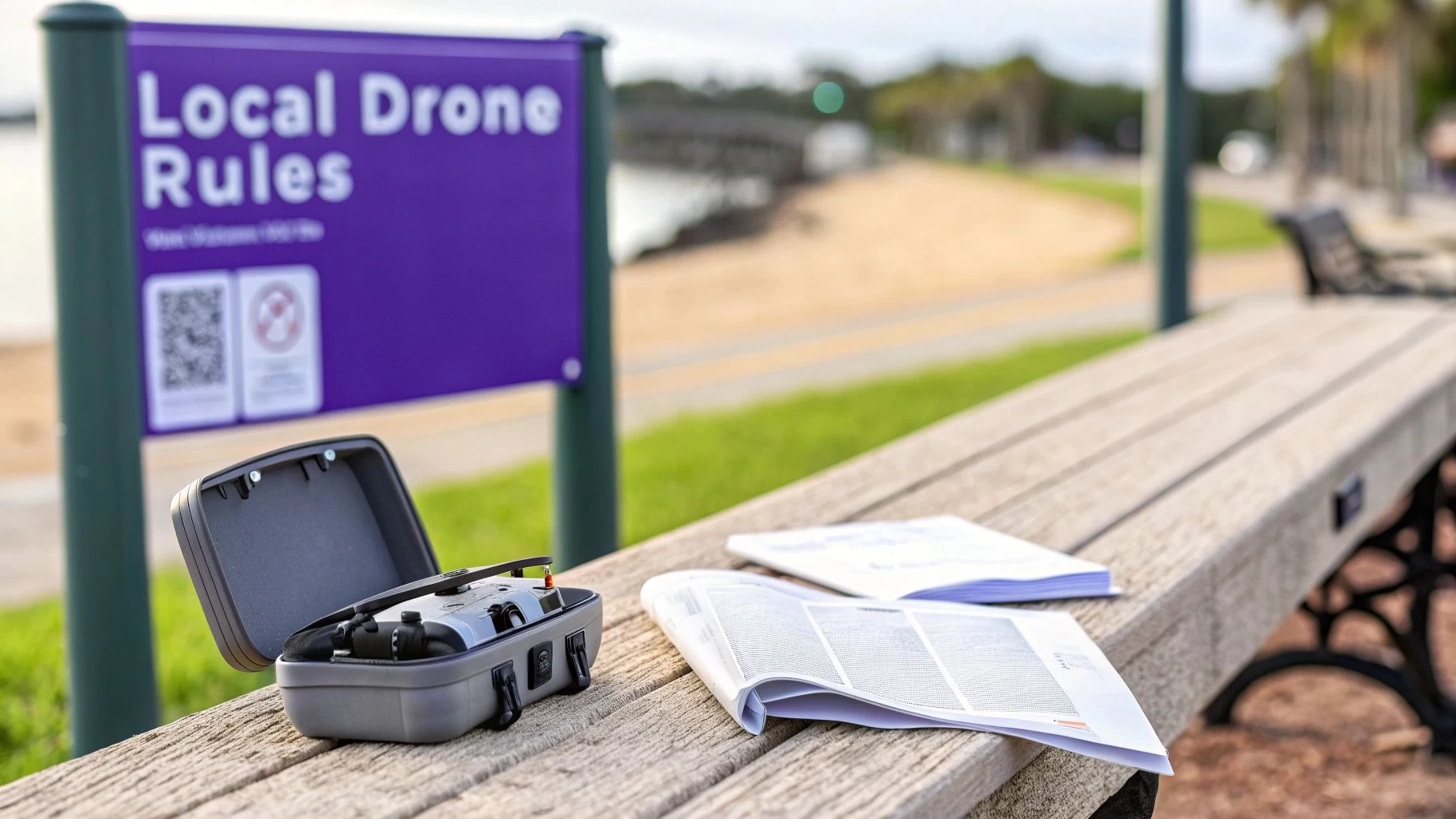A drone in its open case and documents on a wooden bench near a 'Local Drone Rules' sign.