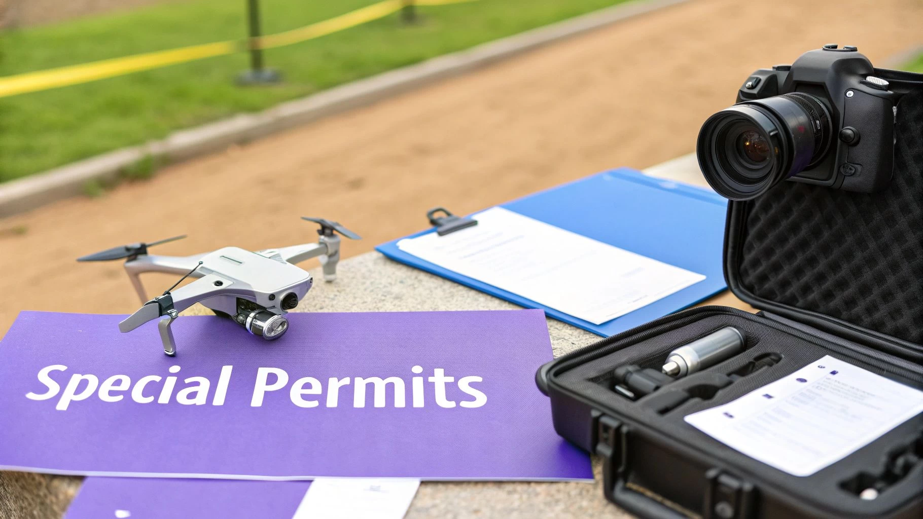 A drone, camera, clipboard, and "Special Permits" sign on a table, ready for commercial drone use.