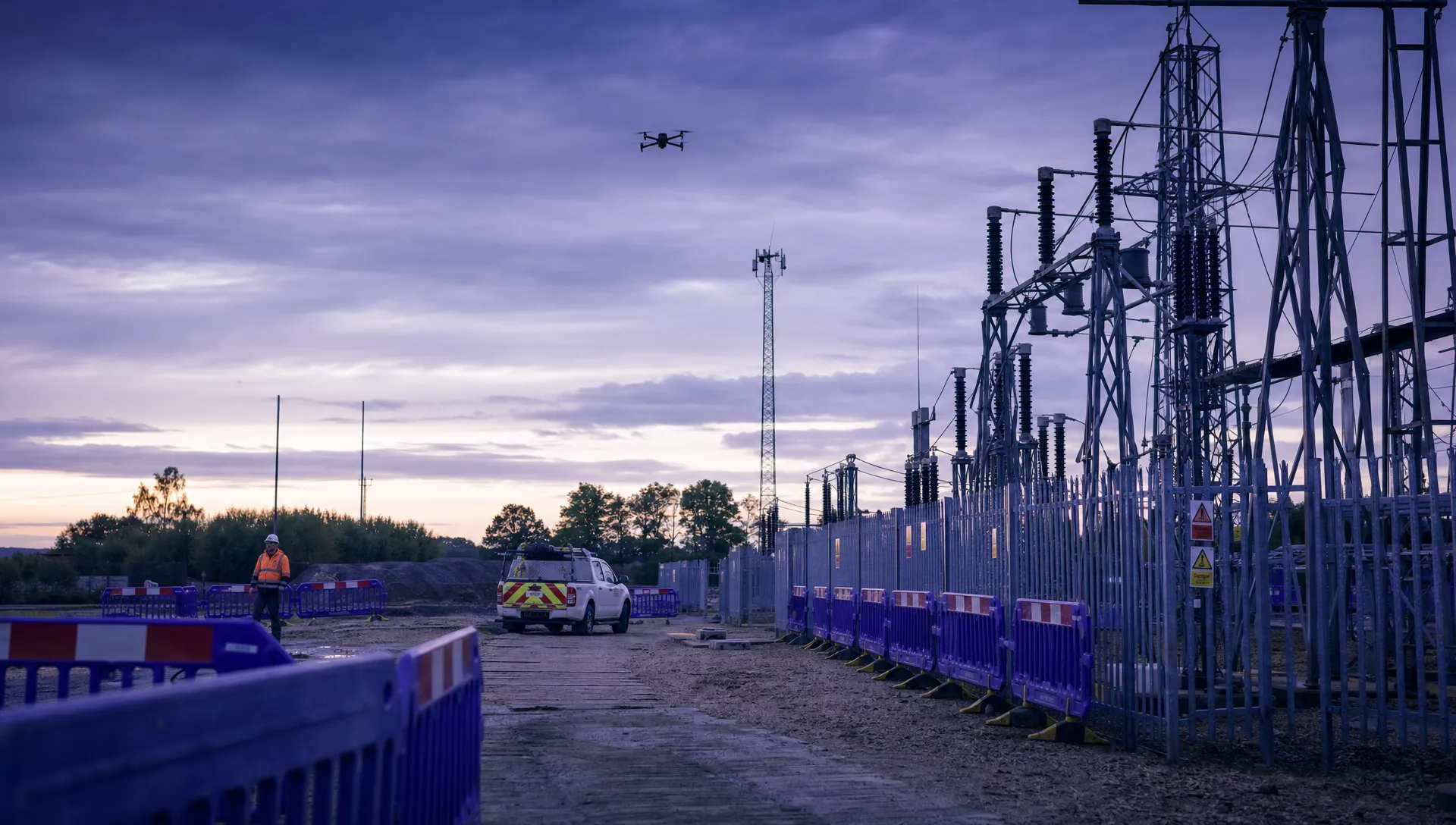 A DJI Matrice 350 RTK flies over an empty utility site while mixed-fleet drone regulations are checked.