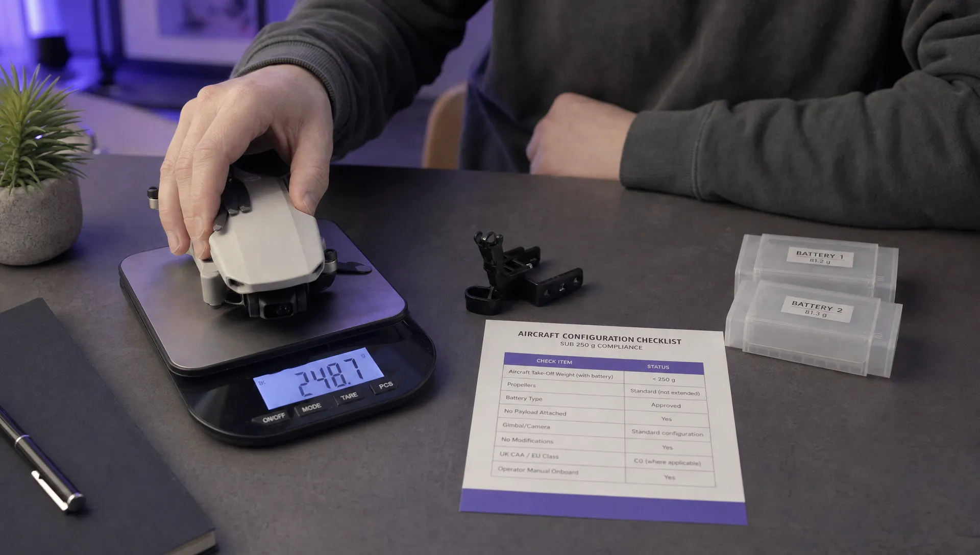 A digital scale, a small mounting bracket, labelled battery trays and a printed aircraft configuration checklist used when checking drone regulations under 250 grams.