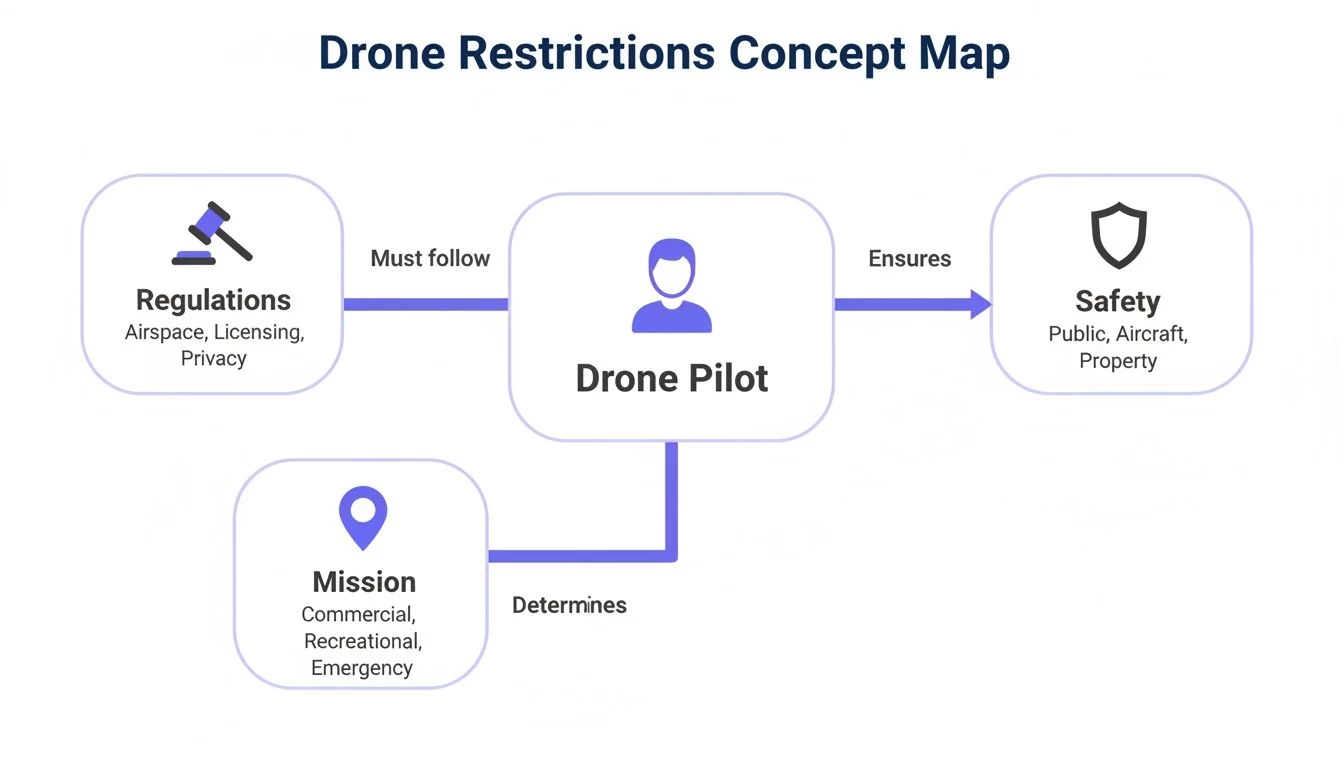 Concept map illustrating how drone pilots follow regulations and mission types to ensure safety.