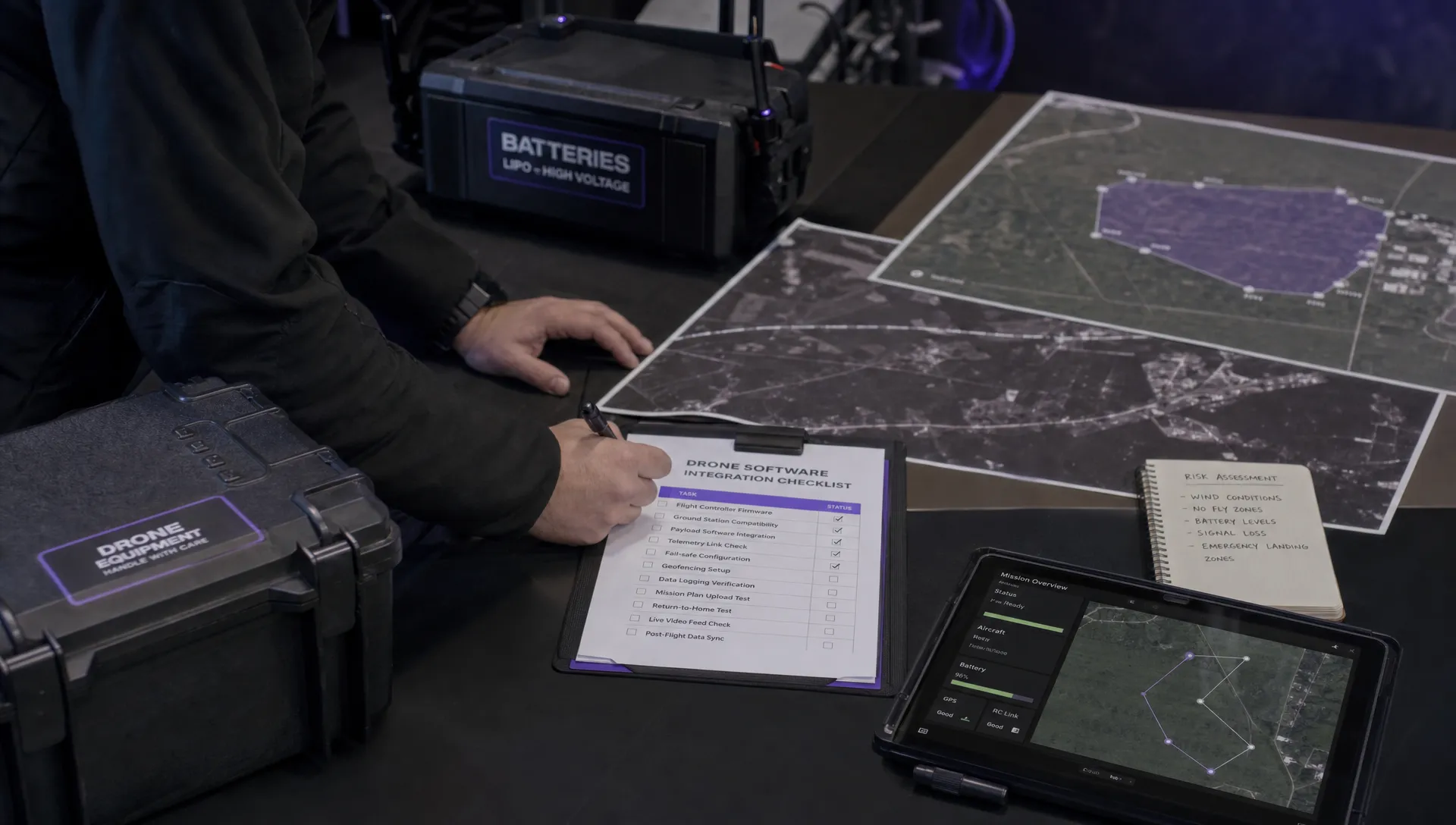 A planning table shows a drone software integration checklist beside flight maps, risk assessment notes, labelled equipment cases and a tablet facing upward.