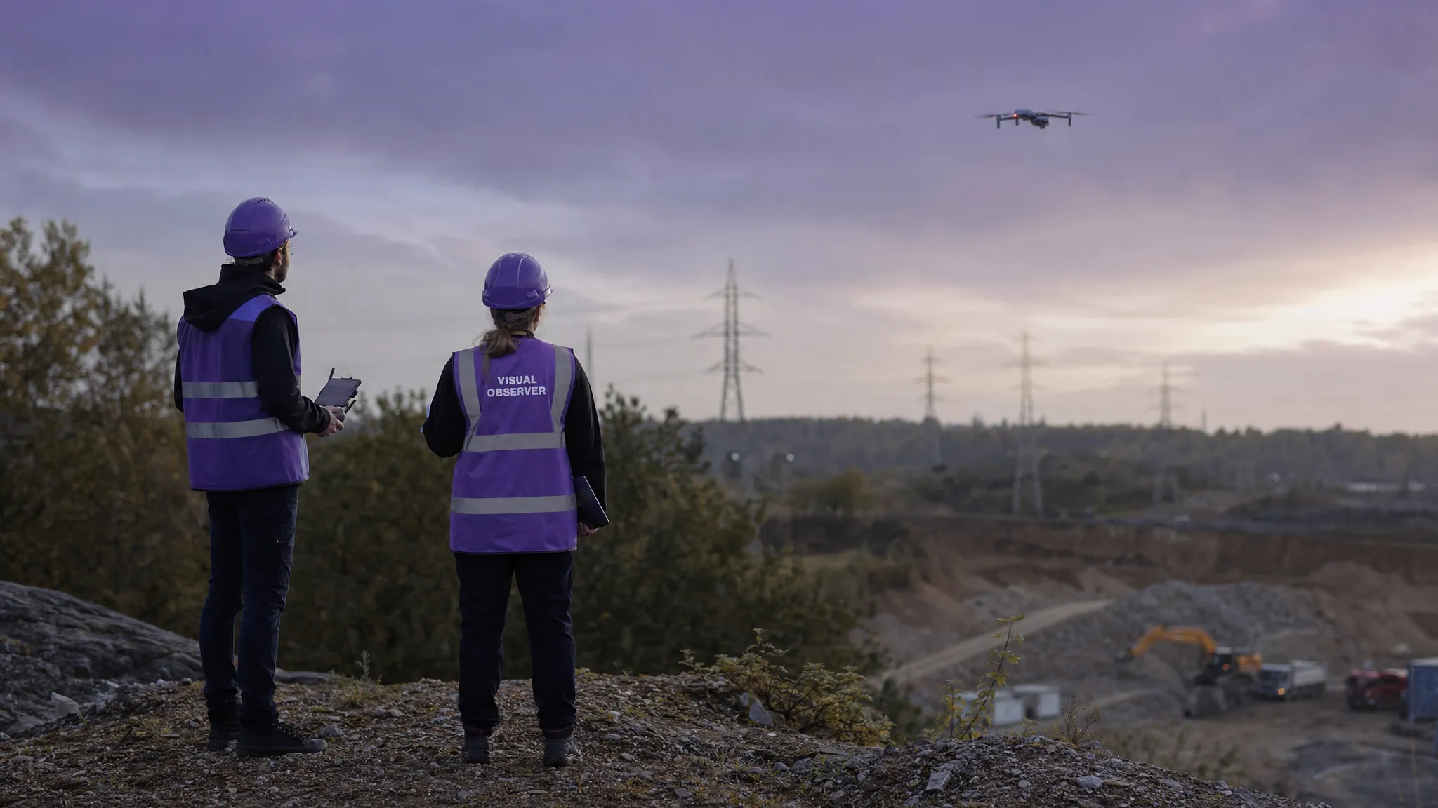 A drone pilot and visual observer stand on uneven ground at the edge of a worksite watching a small drone overhead, with utility poles, trees and changing terrain in the distance showing how background and landscape affect visual line of sight.