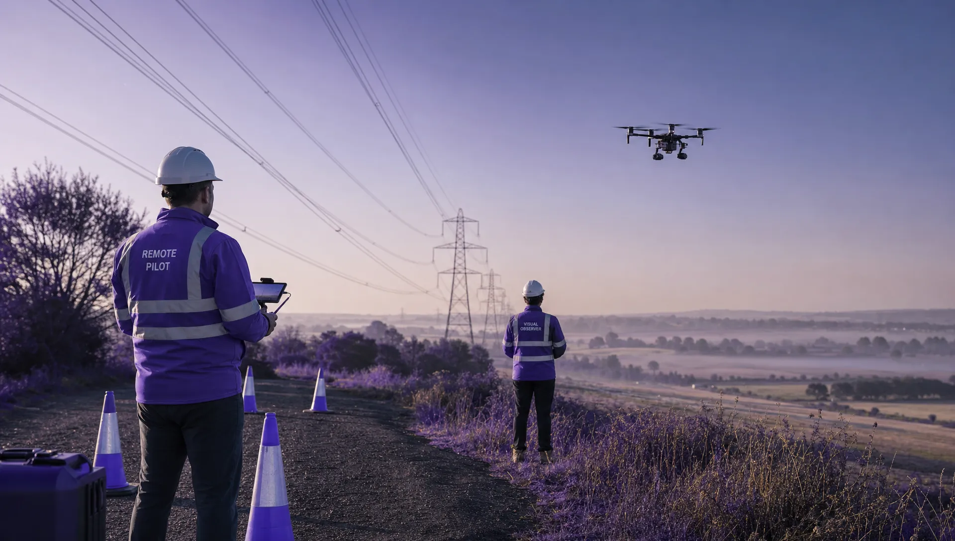 A commercial drone crew carrying out a visual line of sight operation beside a utility corridor, with a remote pilot, a visual observer, safety cones, a drone in open airspace and clear separation from nearby infrastructure, shown from a slightly elevated angle with the asset stretching into the distance.