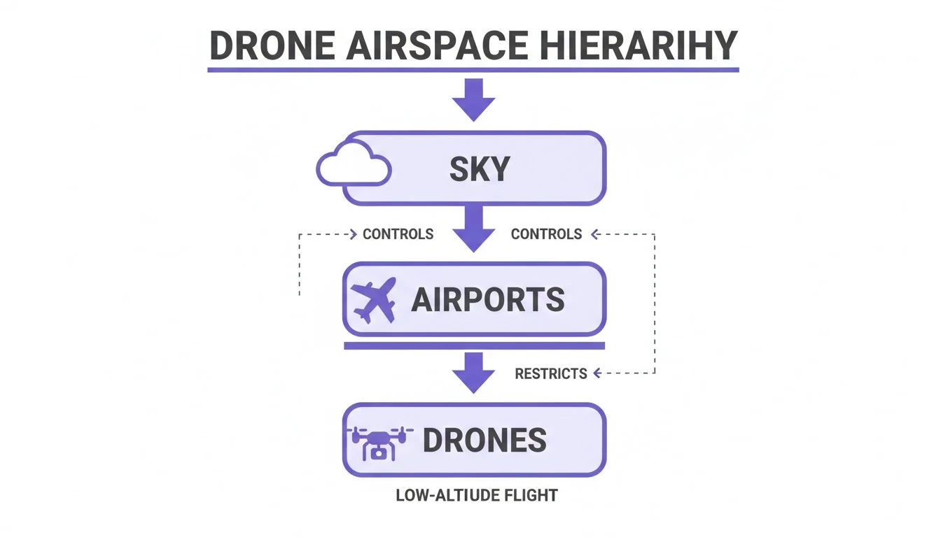 A flowchart illustrates the drone airspace hierarchy, showing Sky controlling Airports, which in turn restrict drones for low-altitude flight.