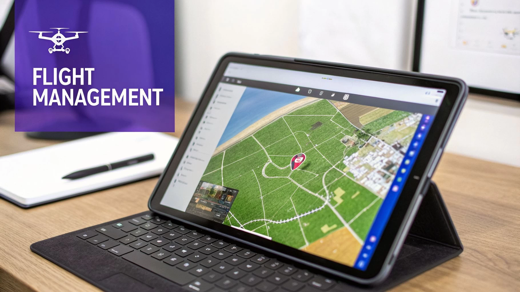 A tablet displays a drone flight management application on a map, with a drone icon.