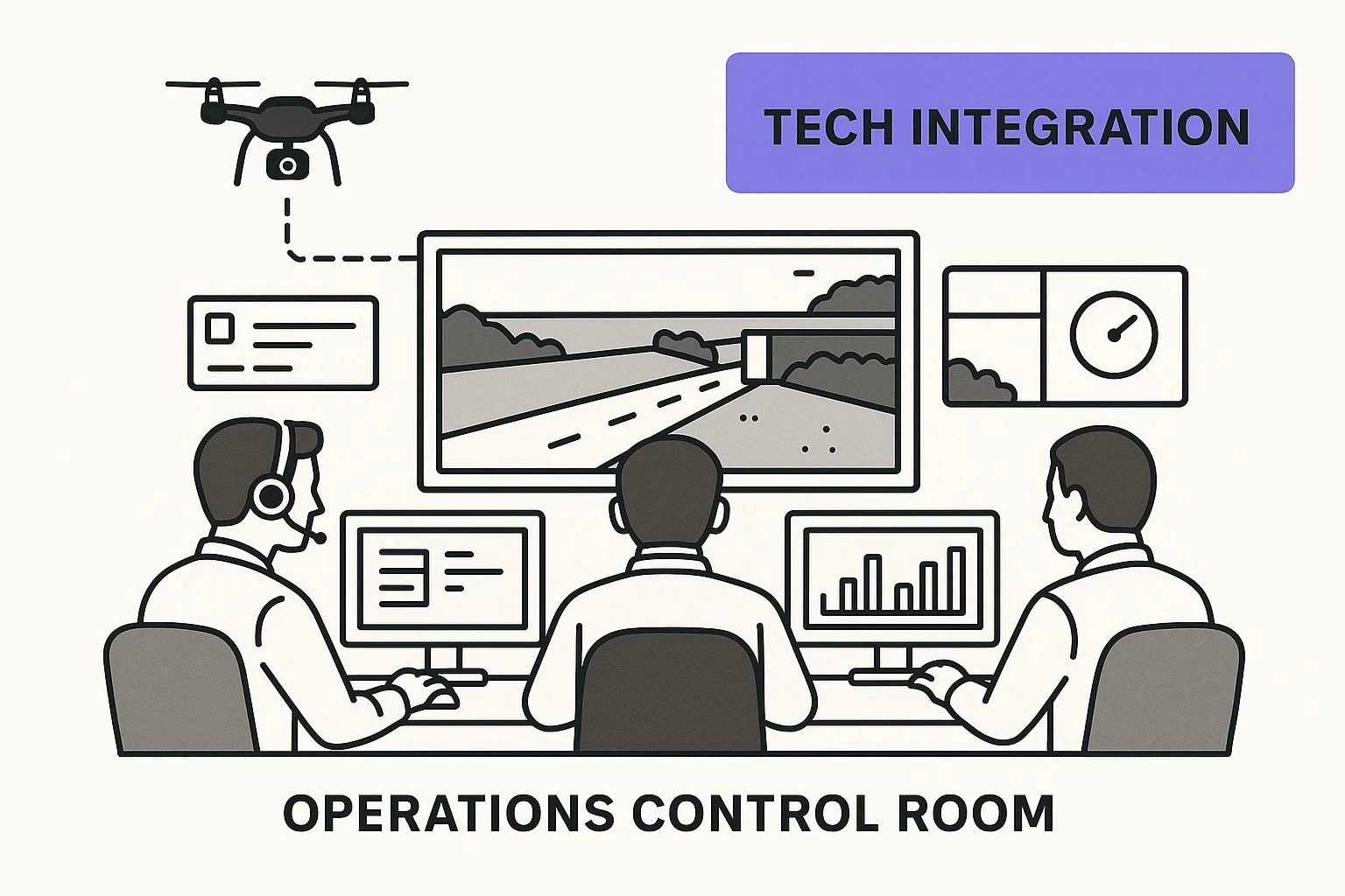 Infographic showing an operations control room with operators monitoring live drone feeds on large screens, featuring a text block 'Tech Integration' positioned in the upper right corner on a solid background block