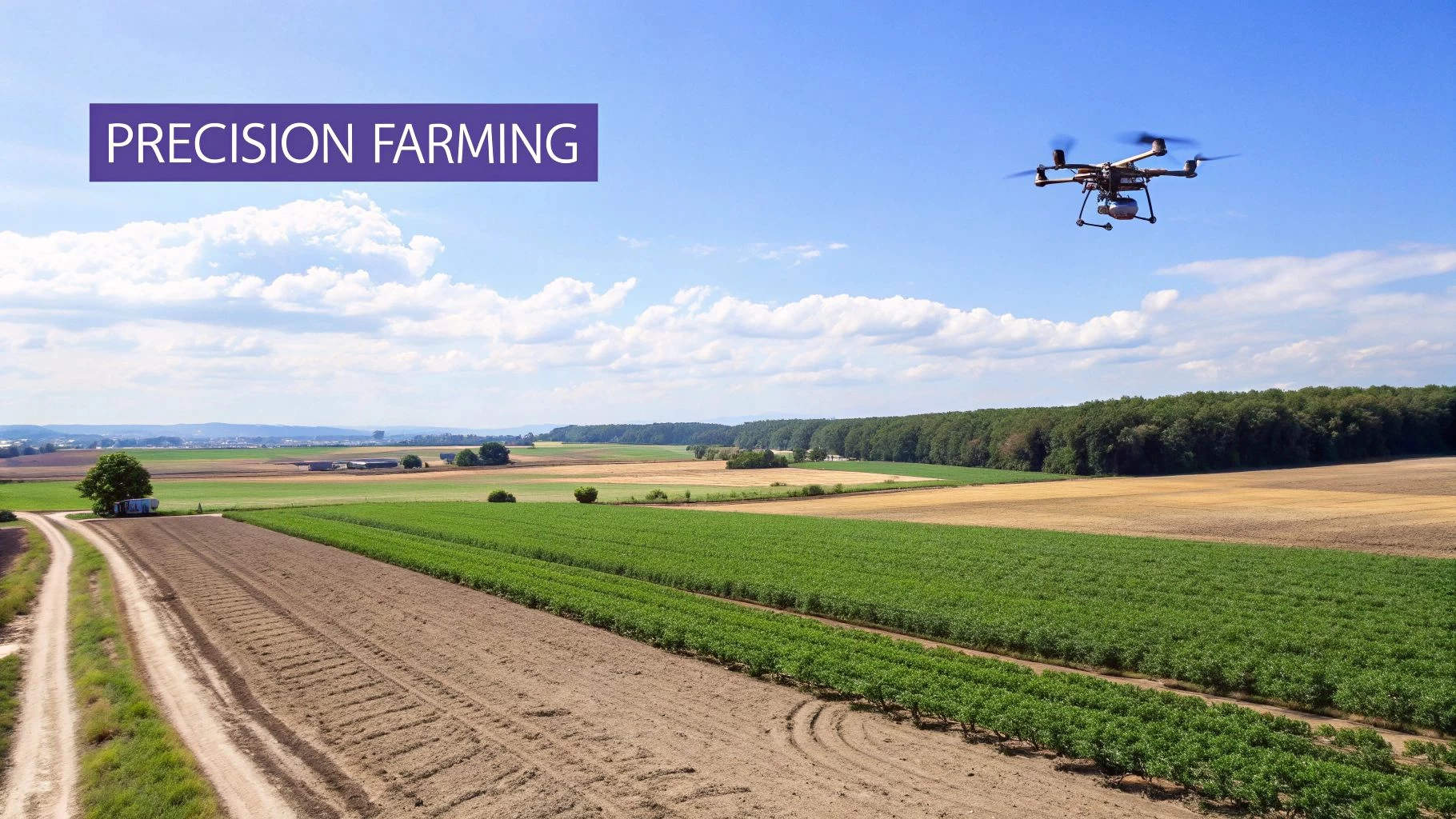 Agricultural drone flying over farmland