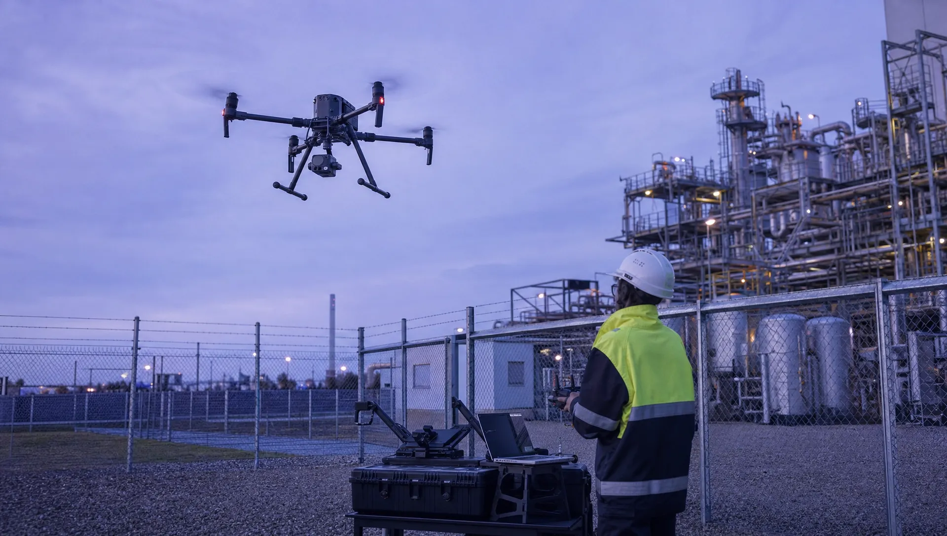 A DJI Matrice 350 RTK-style drone flies above a fenced industrial inspection site, with steel structures, clear stand-off space and launch gear below.