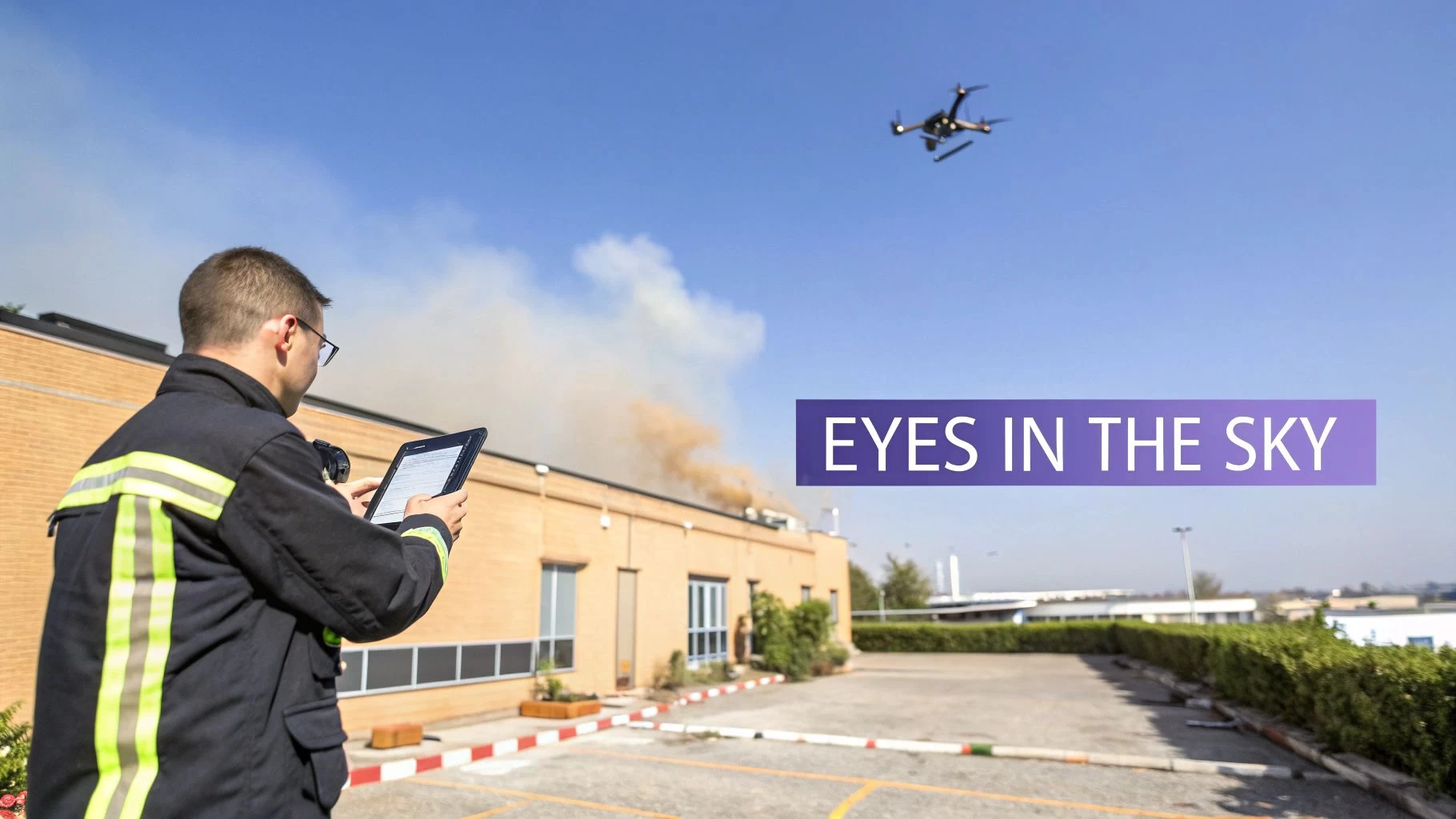 A firefighter controls a drone with a tablet, monitoring smoke rising from a burning building during an emergency.
