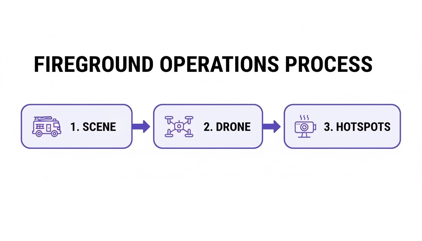 A flowchart illustrates the fireground operations process: Scene (fire truck), Drone, and Hotspots (thermal camera).