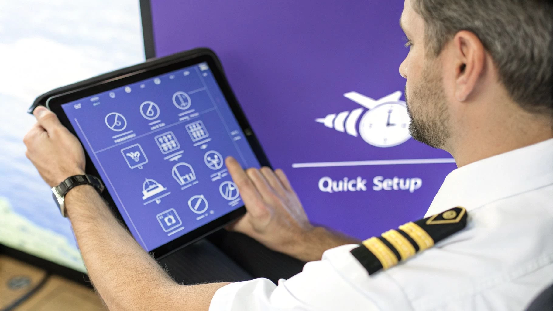 Pilots reviewing flight data on a tablet.