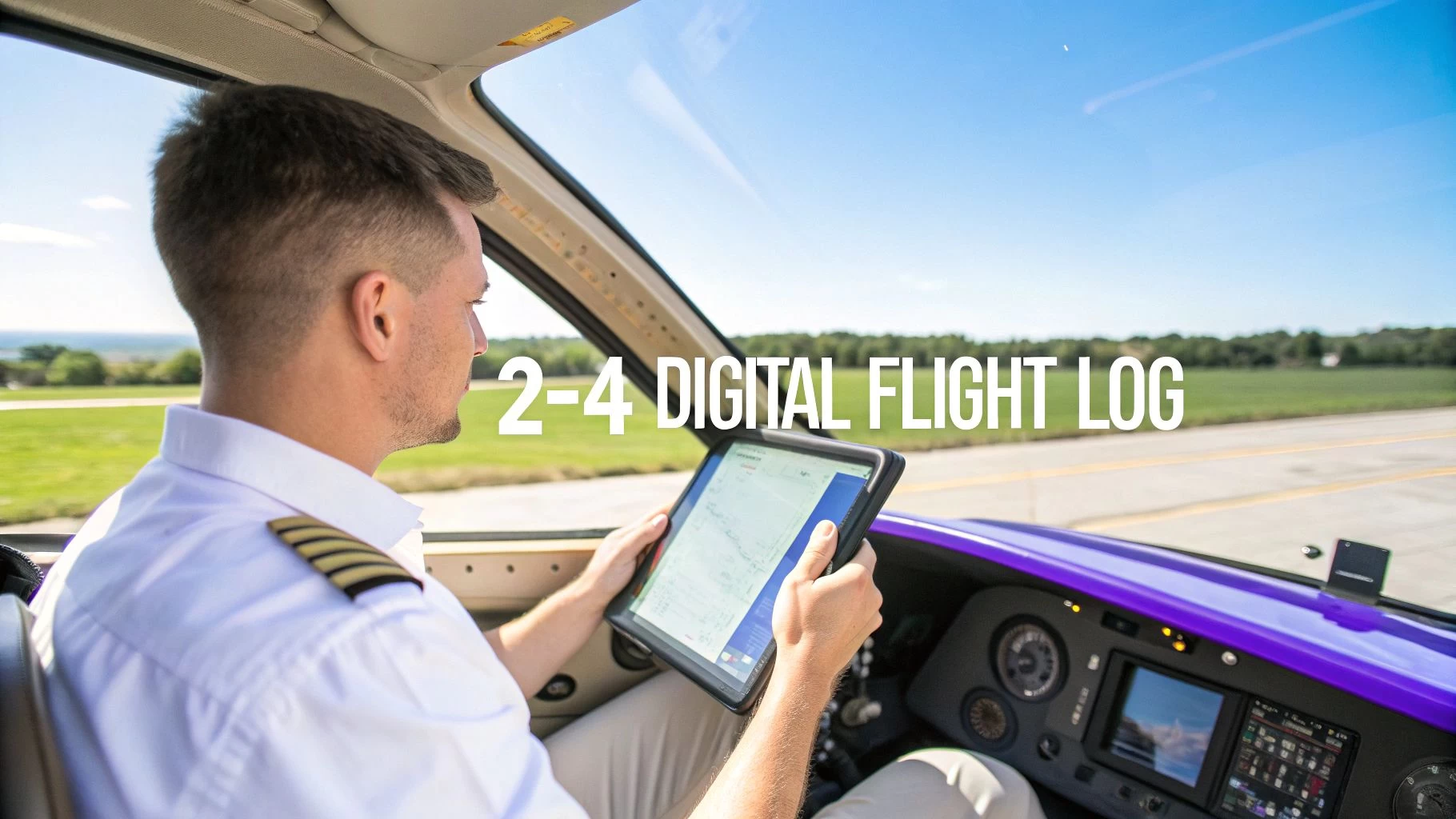 Pilot reviewing a digital flight log on a tablet inside a plane cockpit on a sunny day.