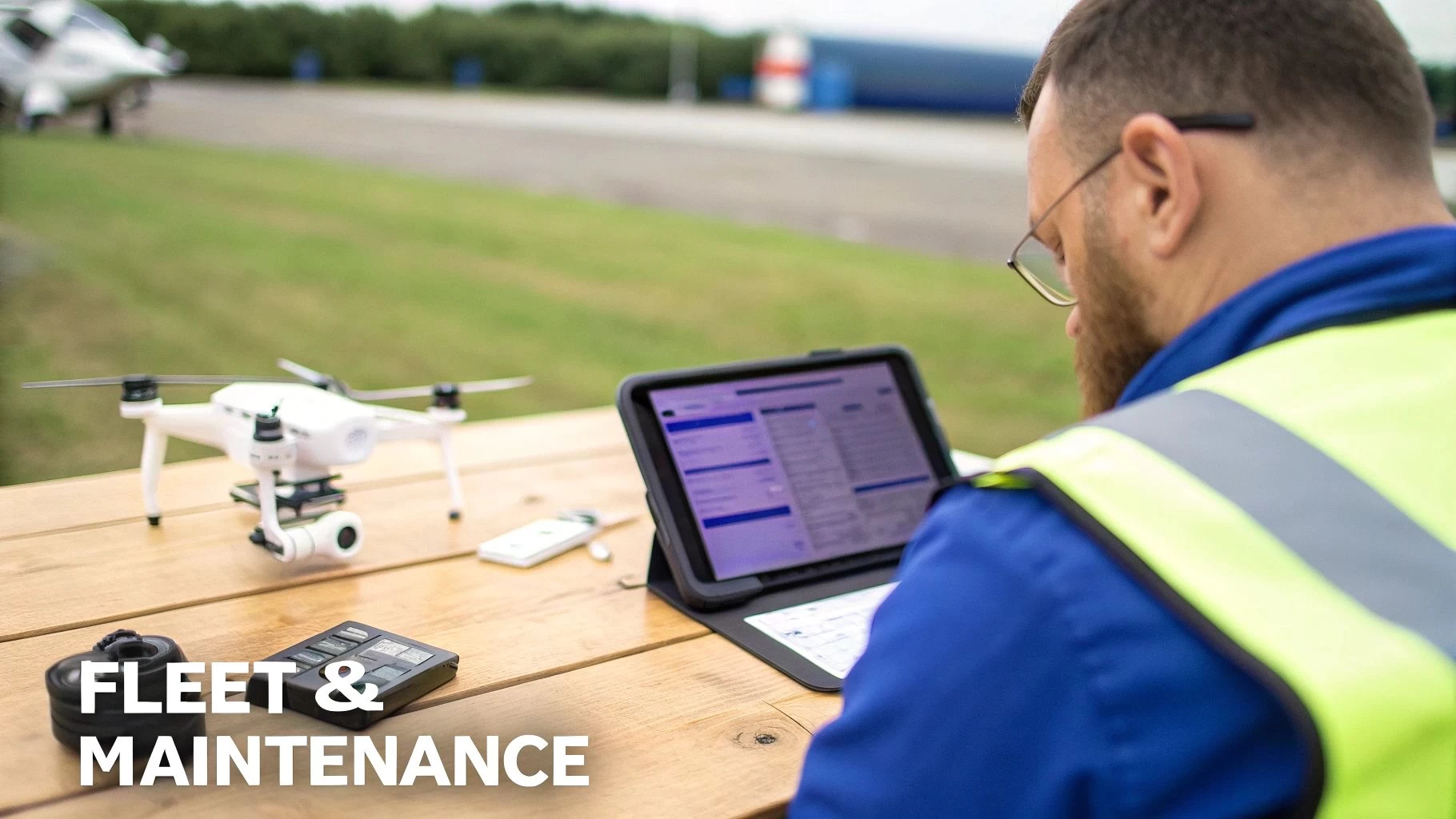 A pilot in a high-vis vest uses a tablet next to a drone, suggesting fleet maintenance.