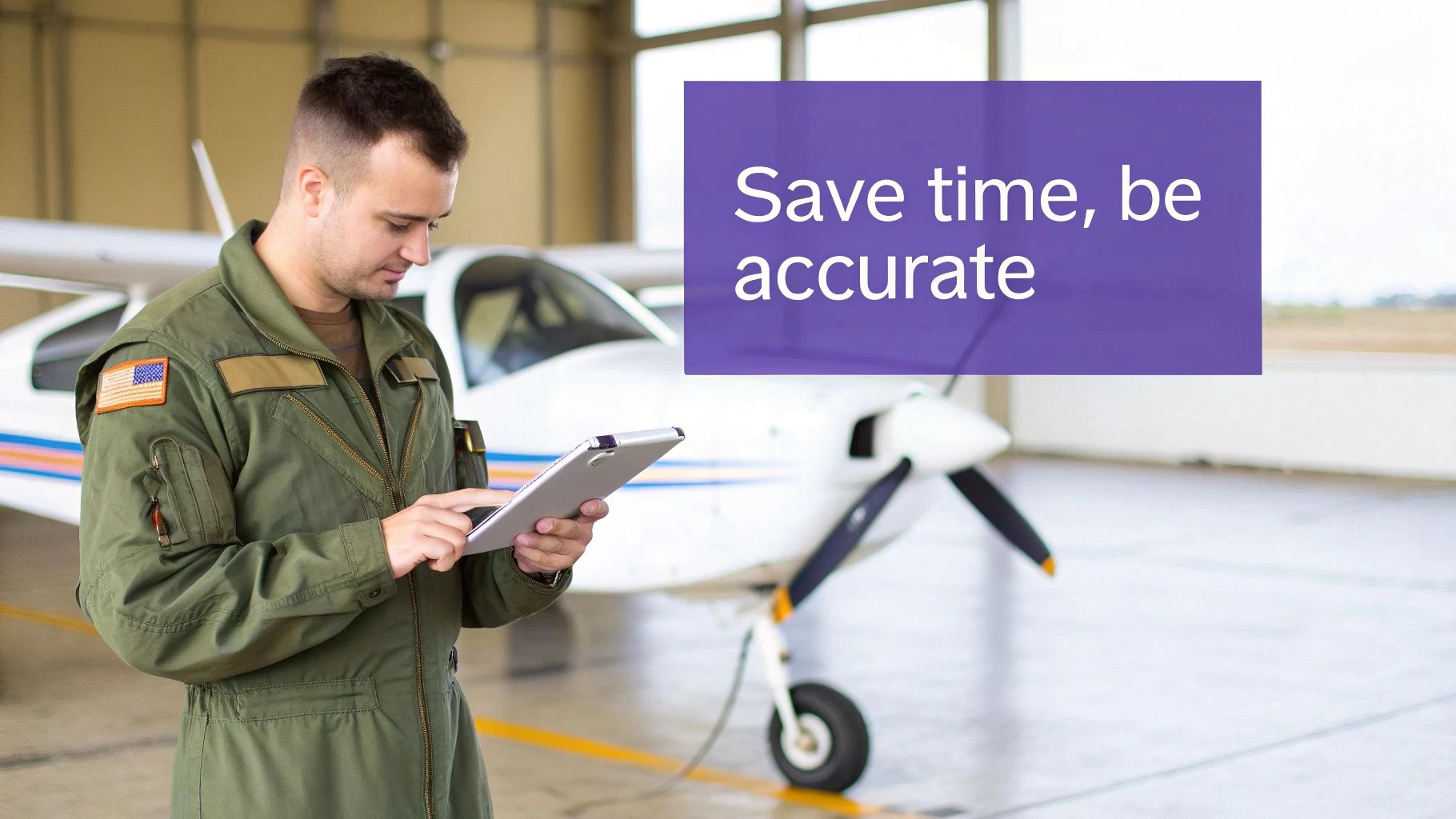 A pilot is shown smiling while reviewing flight data on a tablet, with a modern aircraft cockpit in the background.