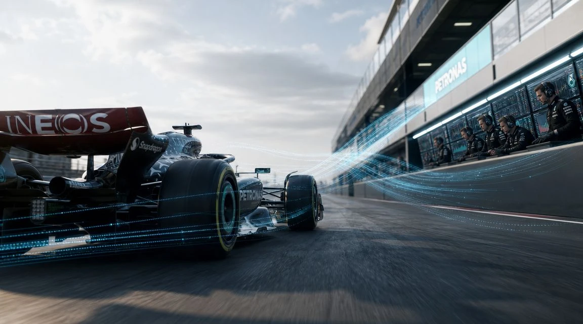 A Mercedes F1 race car driving past the pit wall with blue digital telemetry data lines streaming.