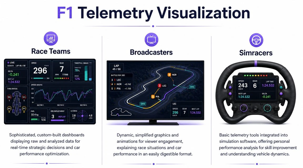 An infographic showing F1 telemetry data visualizations used by race teams, broadcasters, and simracers for performance analysis.
