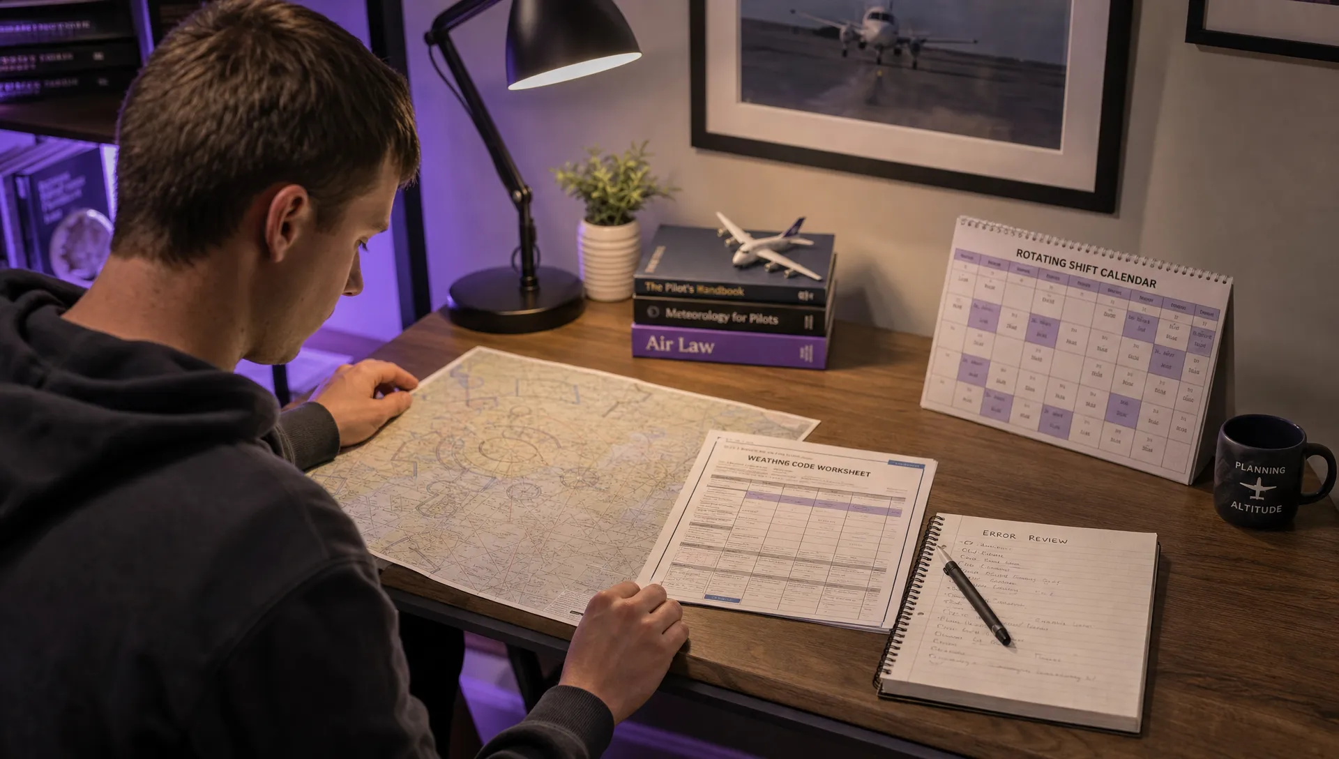 A home office desk holds a sectional chart, weather worksheet and error-review notebook for the faa 107 test.