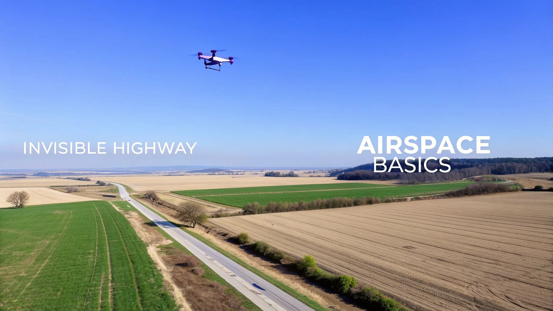 A purple drone flies high above an open rural landscape with fields and a road, under a clear blue sky.
