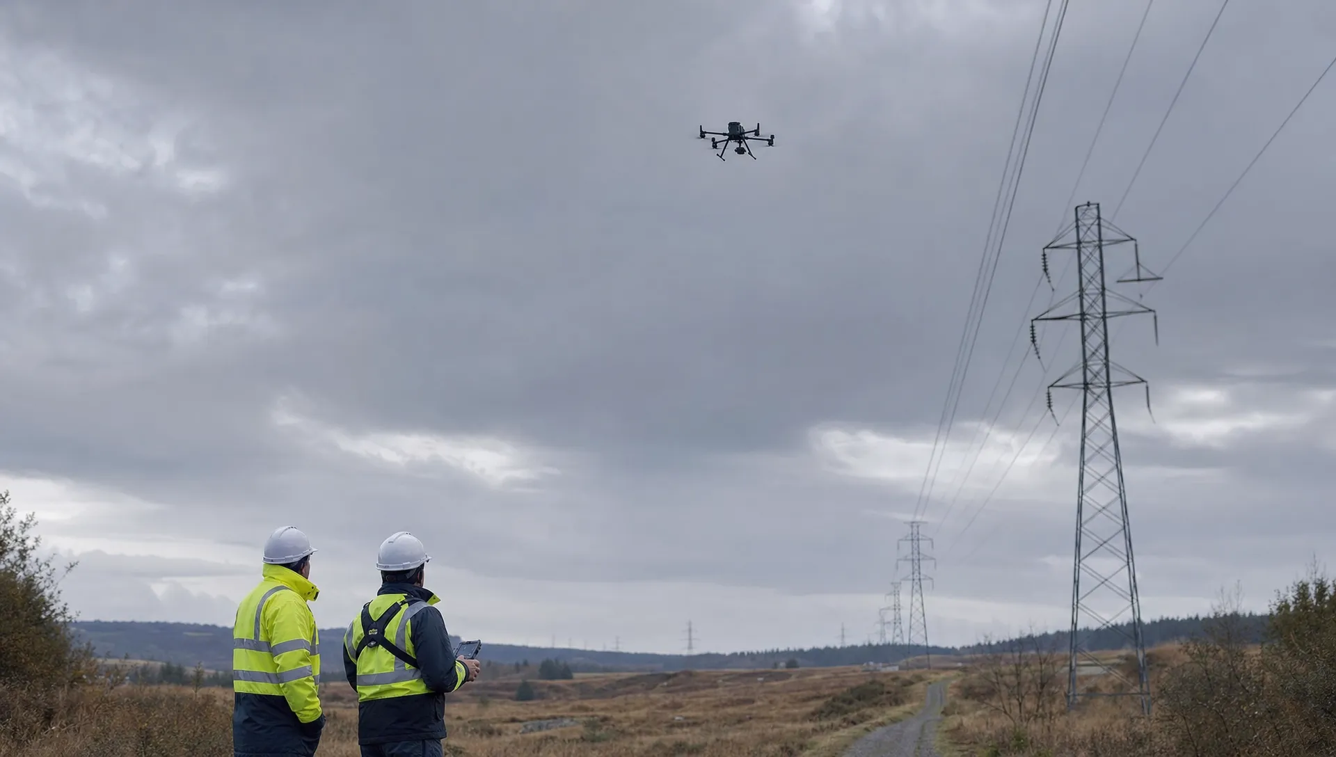 FAA drone pilot licence compliance at a utility inspection site, with a DJI Matrice 350 RTK flying away from two crew members, at least 70 metres from them and 25 metres above the ground.