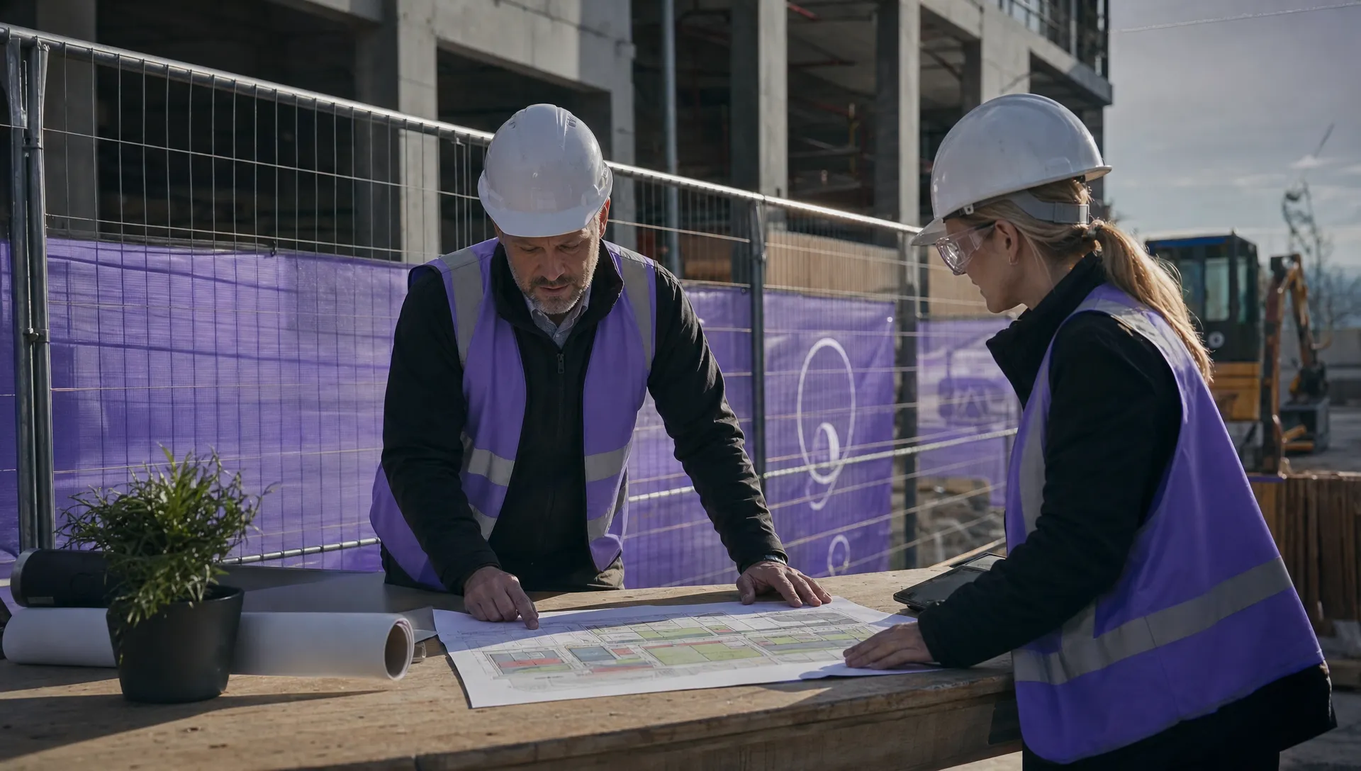 A fenced take-off area beside an unfinished building shows construction-site planning with stationary plant and a site map on a workbench.