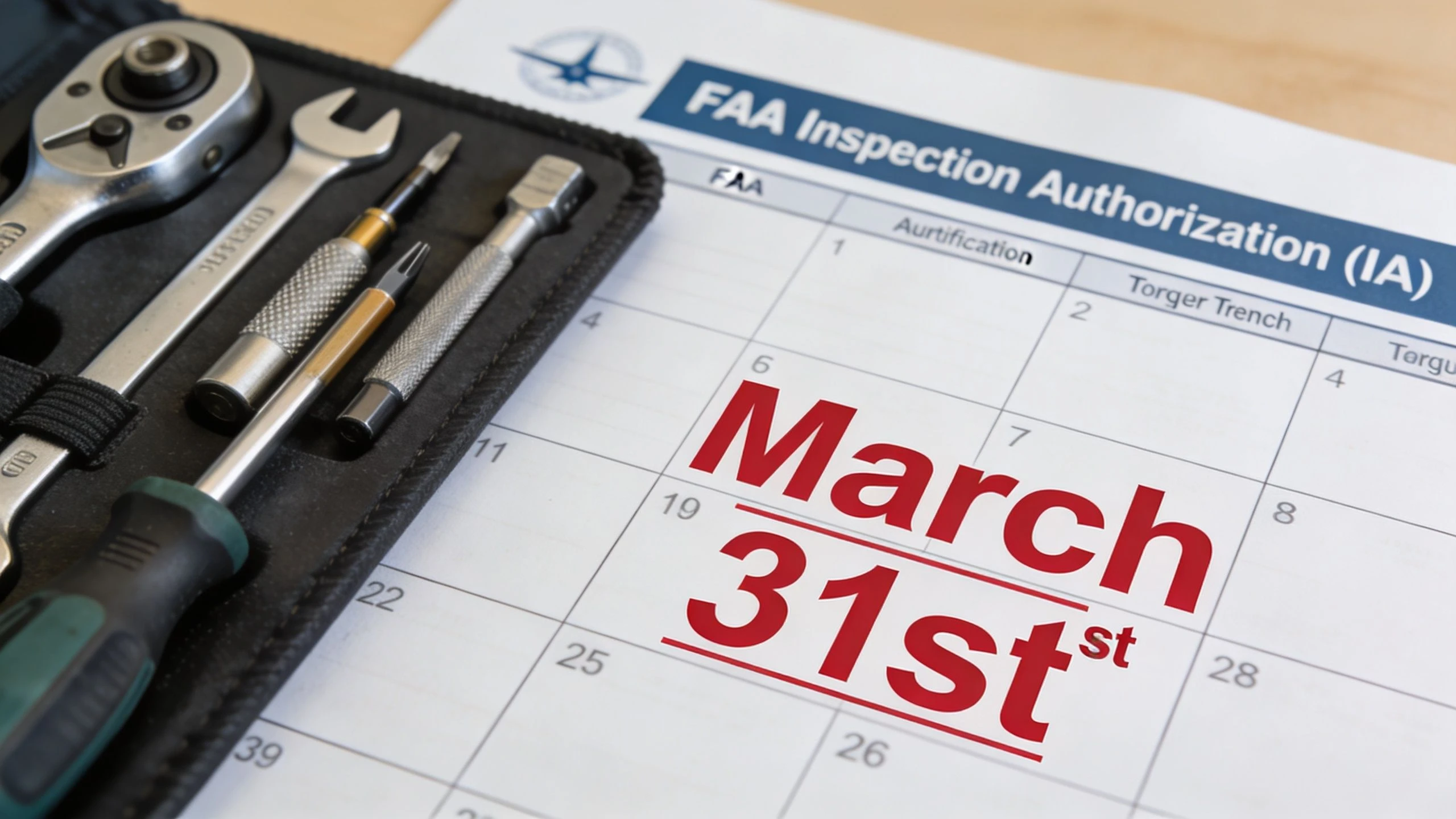A close-up view of mechanical tools resting on a calendar sheet marked with March 31st deadline.