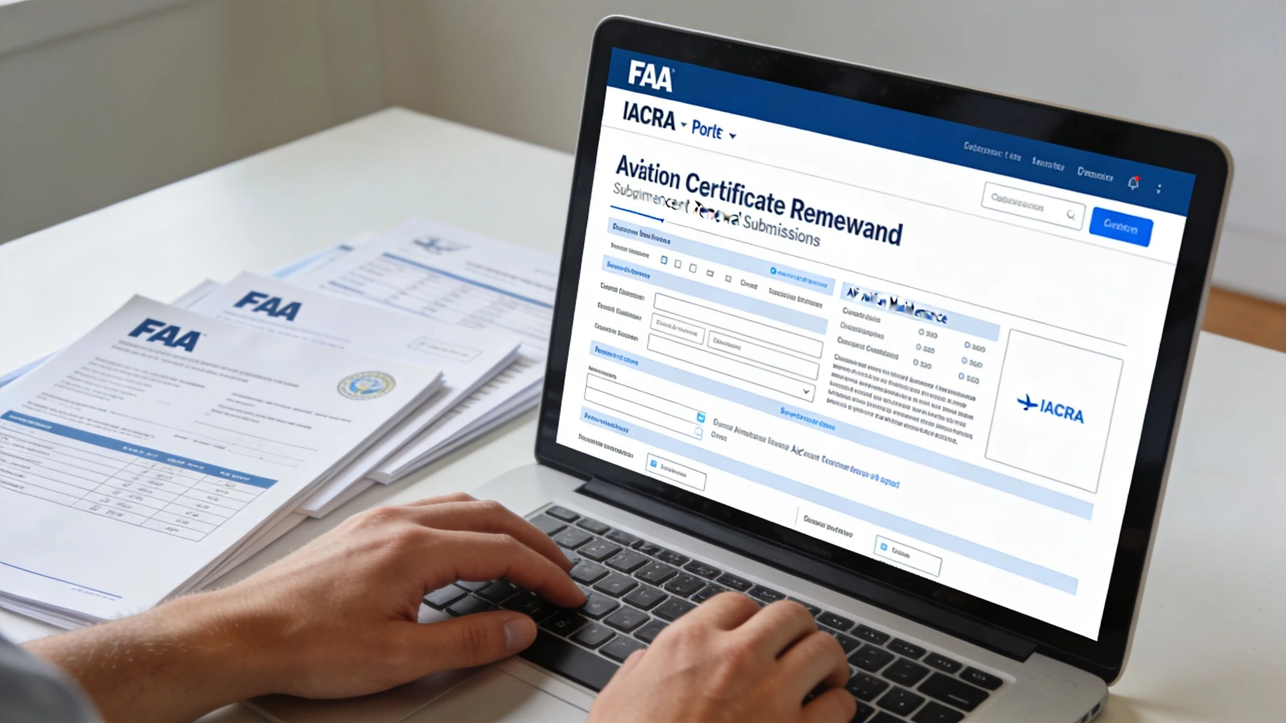 A person typing on a laptop displaying the FAA IACRA portal for an aviation certificate renewal submission.