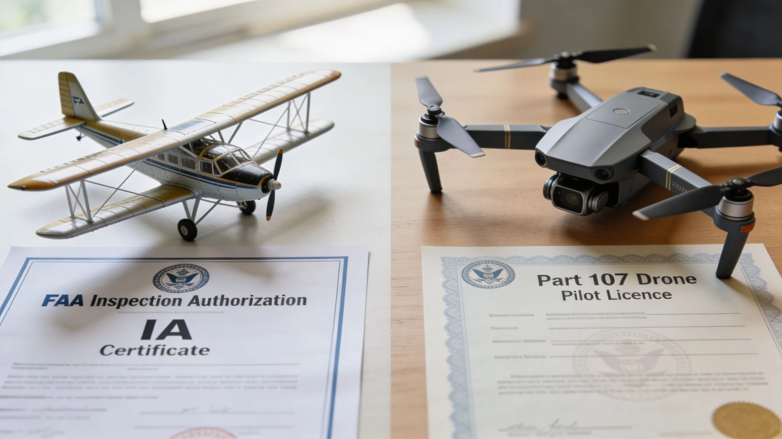 A model airplane and a drone placed on papers labeled FAA Inspection Authorization and Part 107 Pilot Licence.