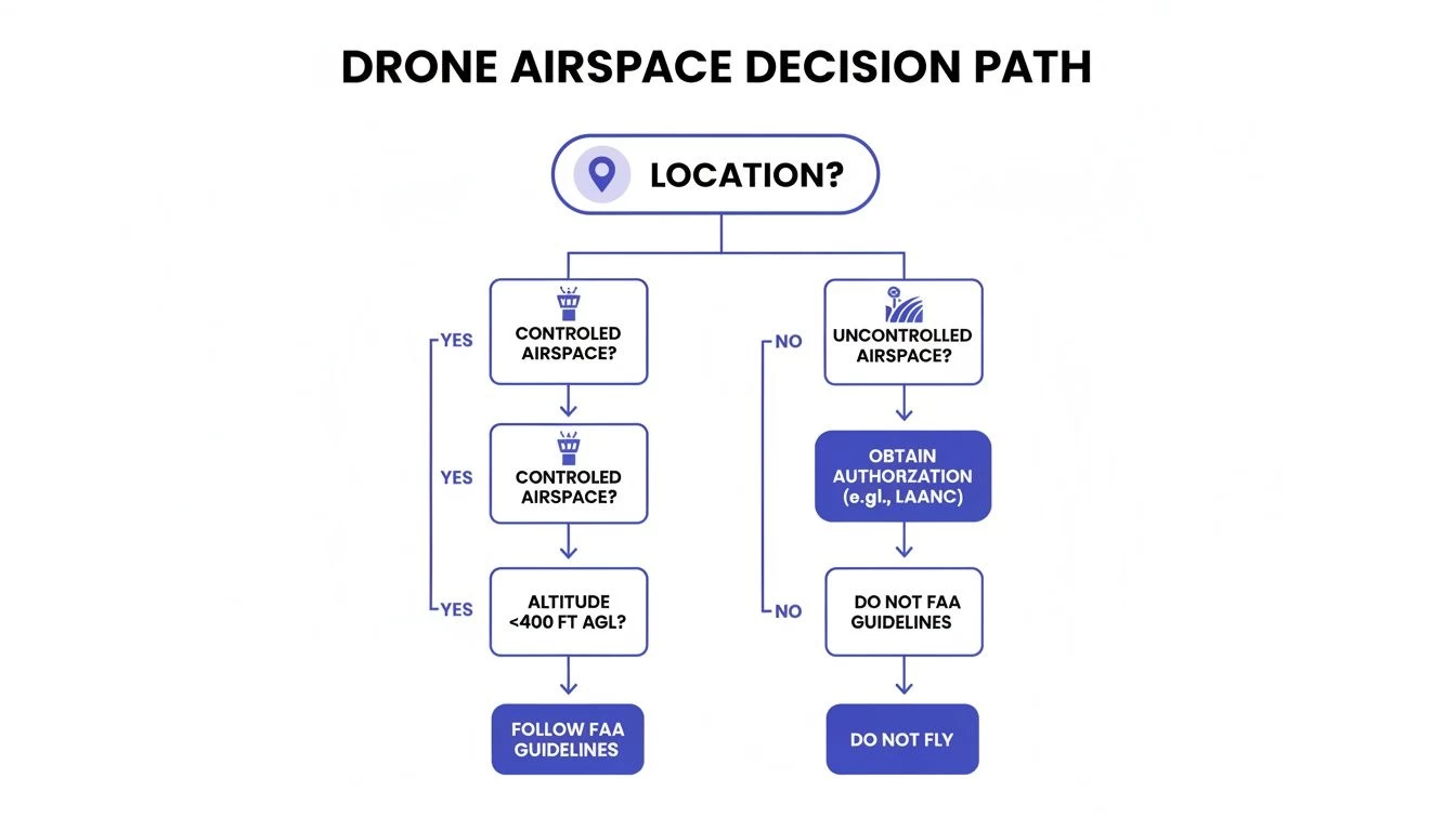 Flowchart detailing drone airspace decisions, including controlled/uncontrolled zones and FAA guidelines.