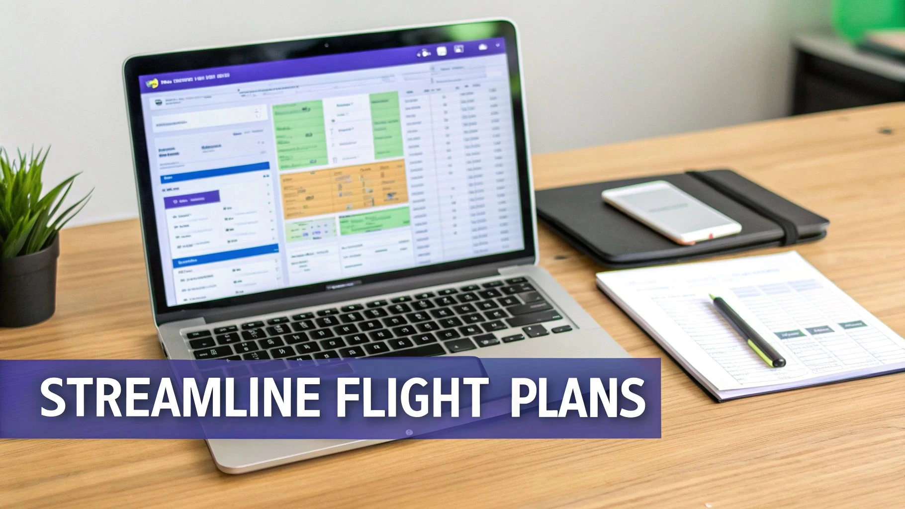 A laptop displaying flight plan software on a wooden desk with a phone and documents, emphasizing streamlined operations.
