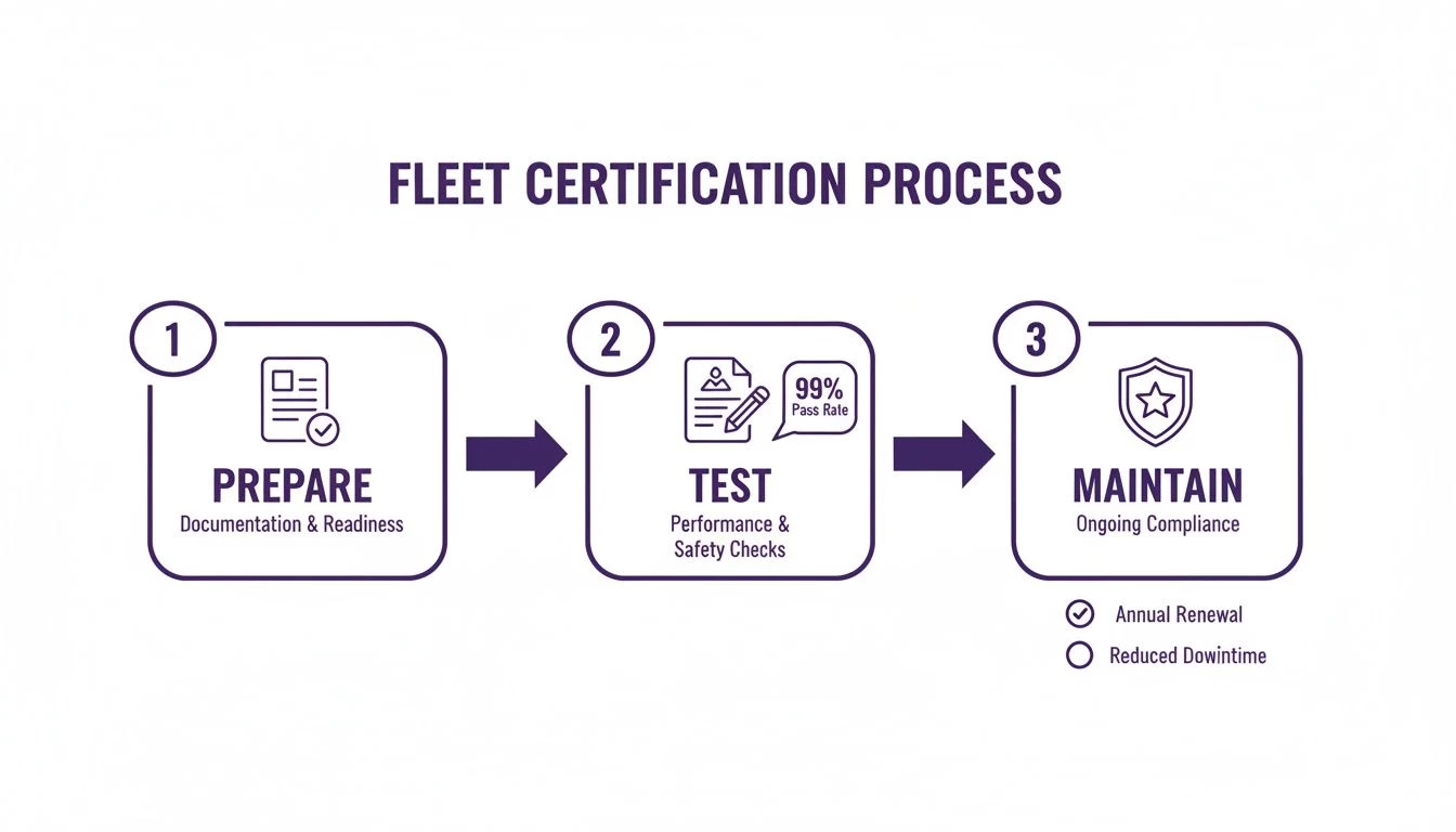 Diagram illustrating a three-step fleet certification process: prepare, test, and maintain phases.