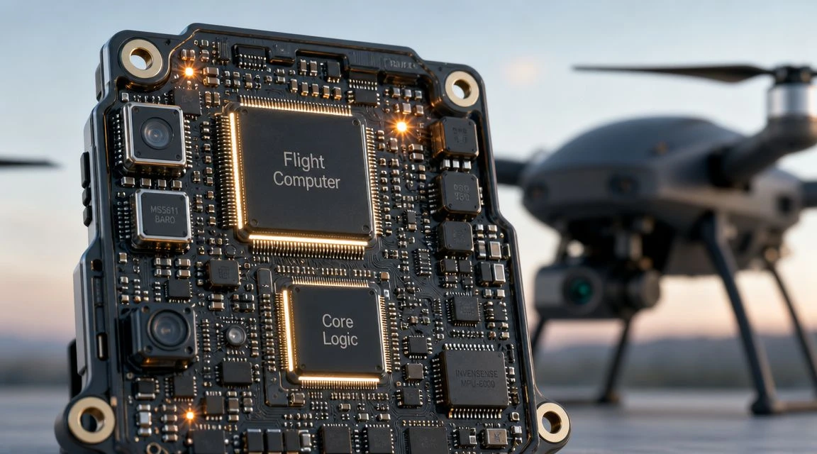A high-tech drone flight computer circuit board with illuminated chips placed in front of a drone.