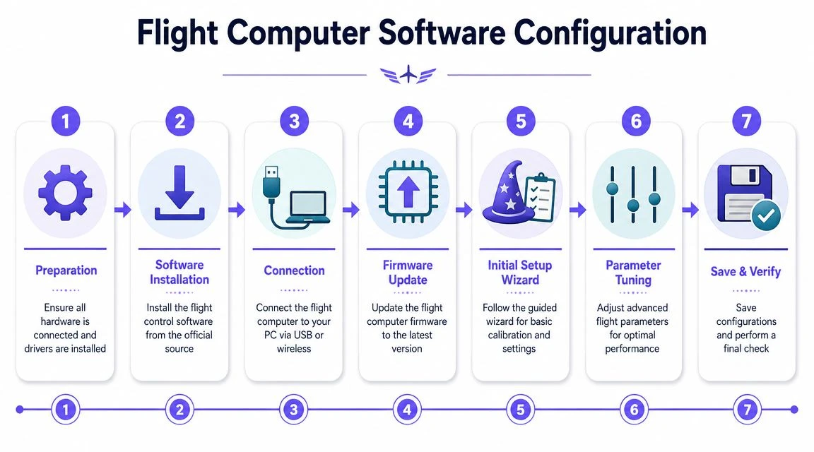 A seven-step infographic showing the process for configuring flight computer software for drones or aircraft.