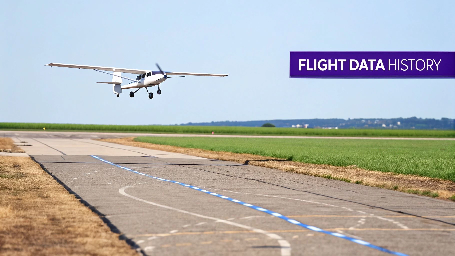 A small white propeller plane takes off from a runway under a clear blue sky, with a 'Flight Data History' banner.