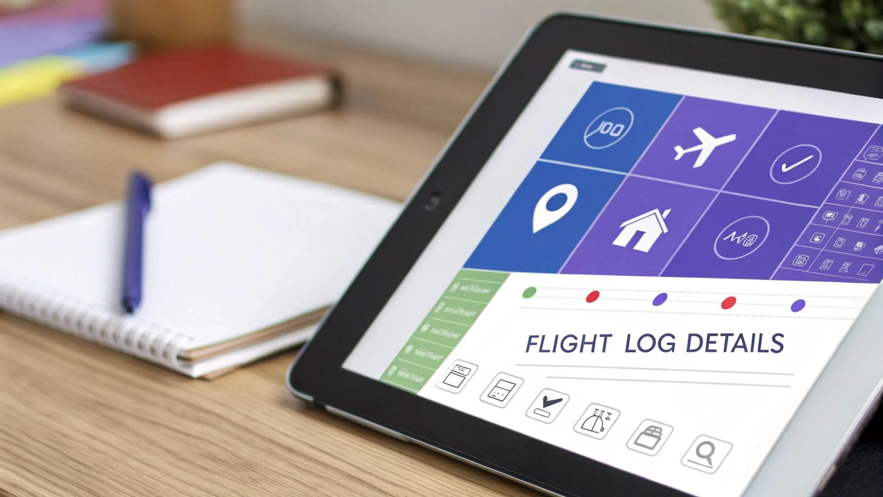 A tablet displays flight log details and travel-related icons on a wooden desk next to a notebook.