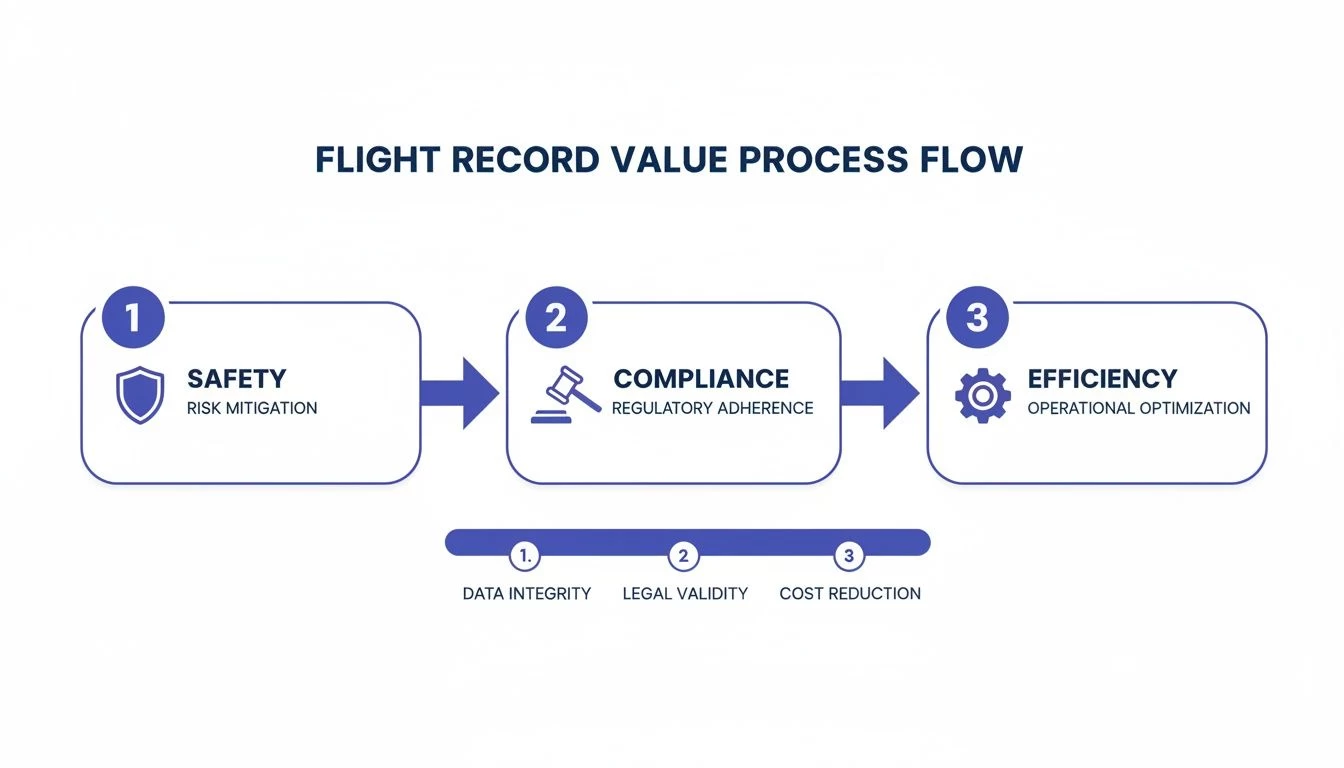 Infographic detailing flight record value process flow: safety, compliance, efficiency, data integrity, legal validity, and cost reduction.
