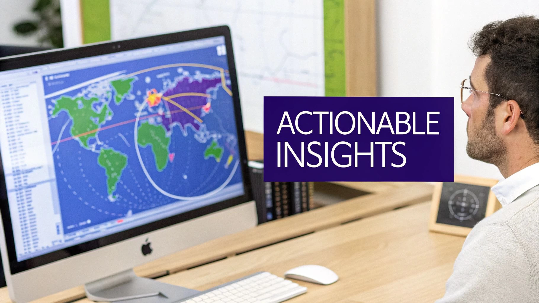 A man analyzes flight data on a computer screen displaying a world map with 'ACTIONABLE INSIGHTS'.