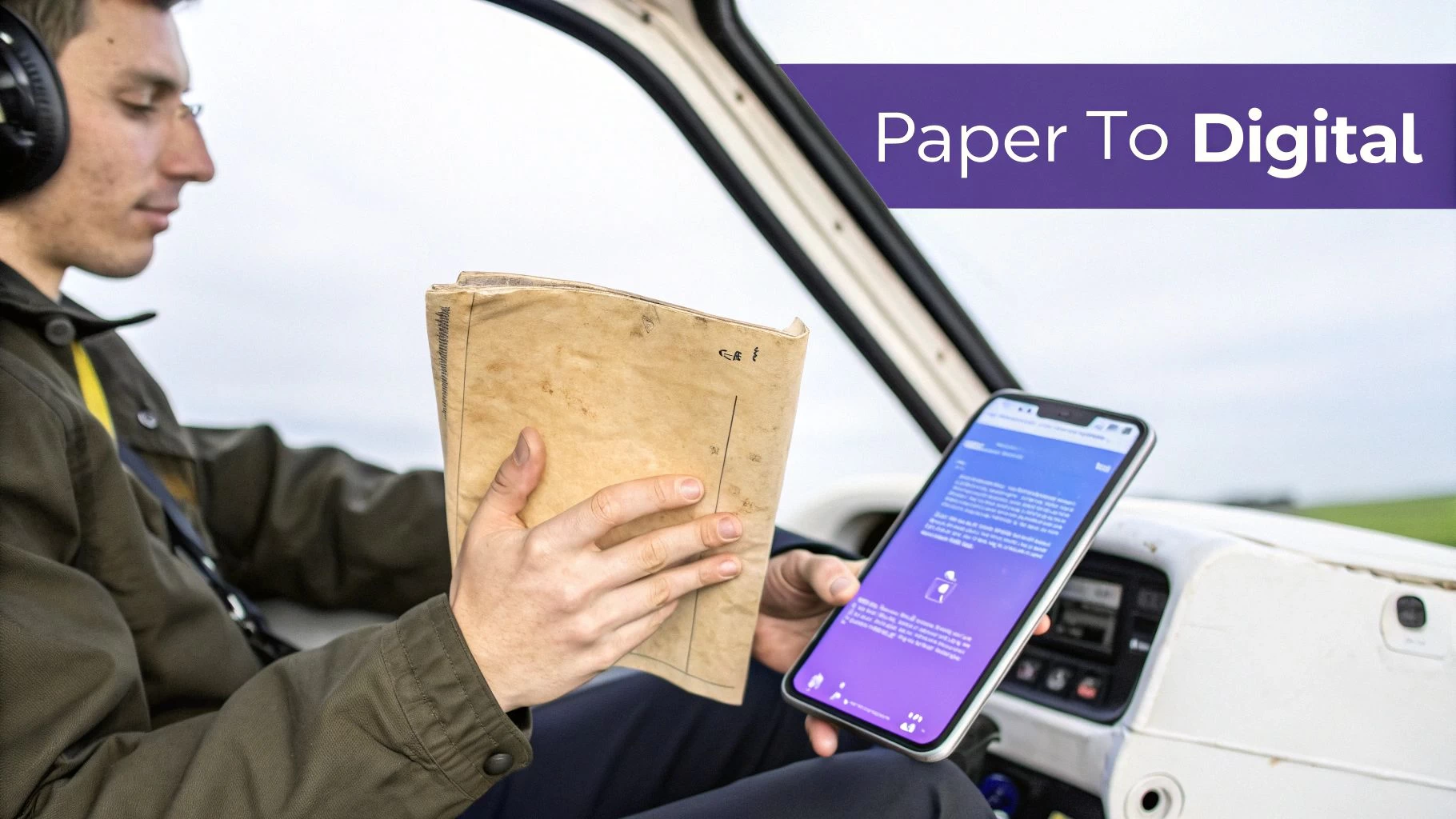 Pilot converting paper flight logbook to digital format using mobile aviation app in aircraft cockpit