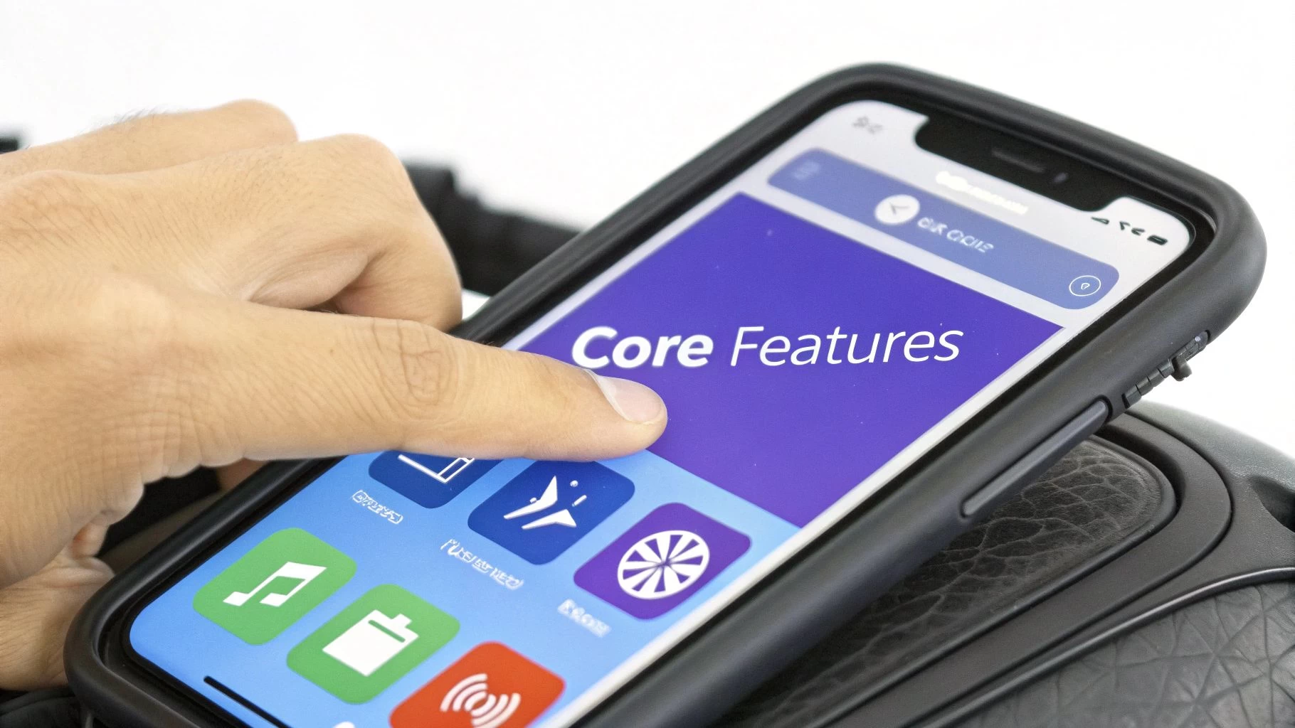 Hand pointing at smartphone displaying Core Features menu of flight logbook app in black protective case