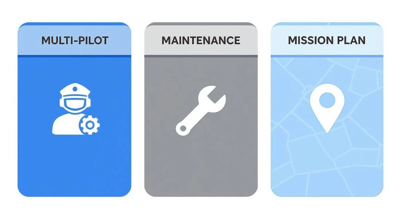 Three aviation app features showing multi-pilot crew management, aircraft maintenance tools, and mission planning with map interface