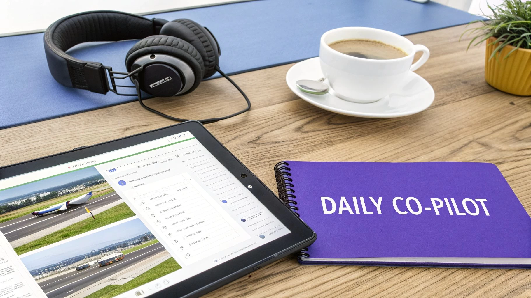 Flight logbook tablet app displayed on desk with headphones, coffee cup, and daily co-pilot notebook