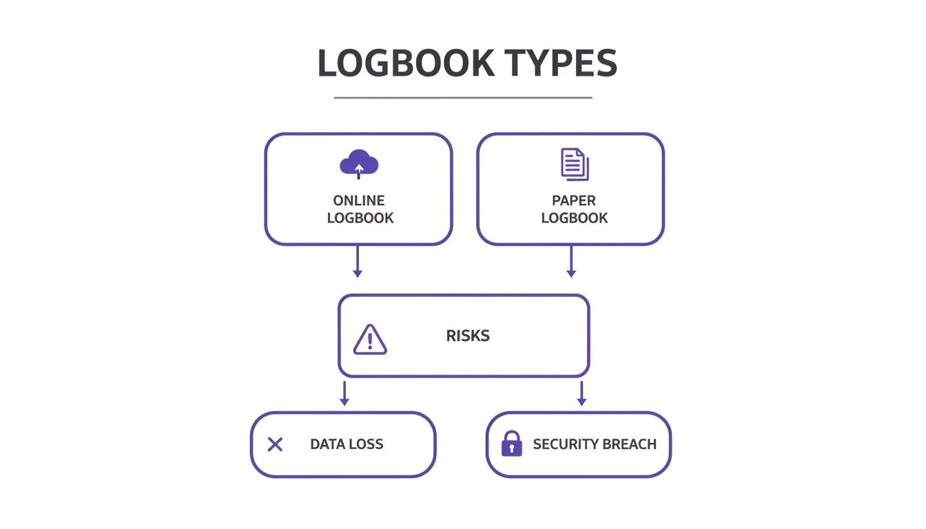 A flowchart detailing logbook types, online and paper, and their associated risks including data loss and security breaches.